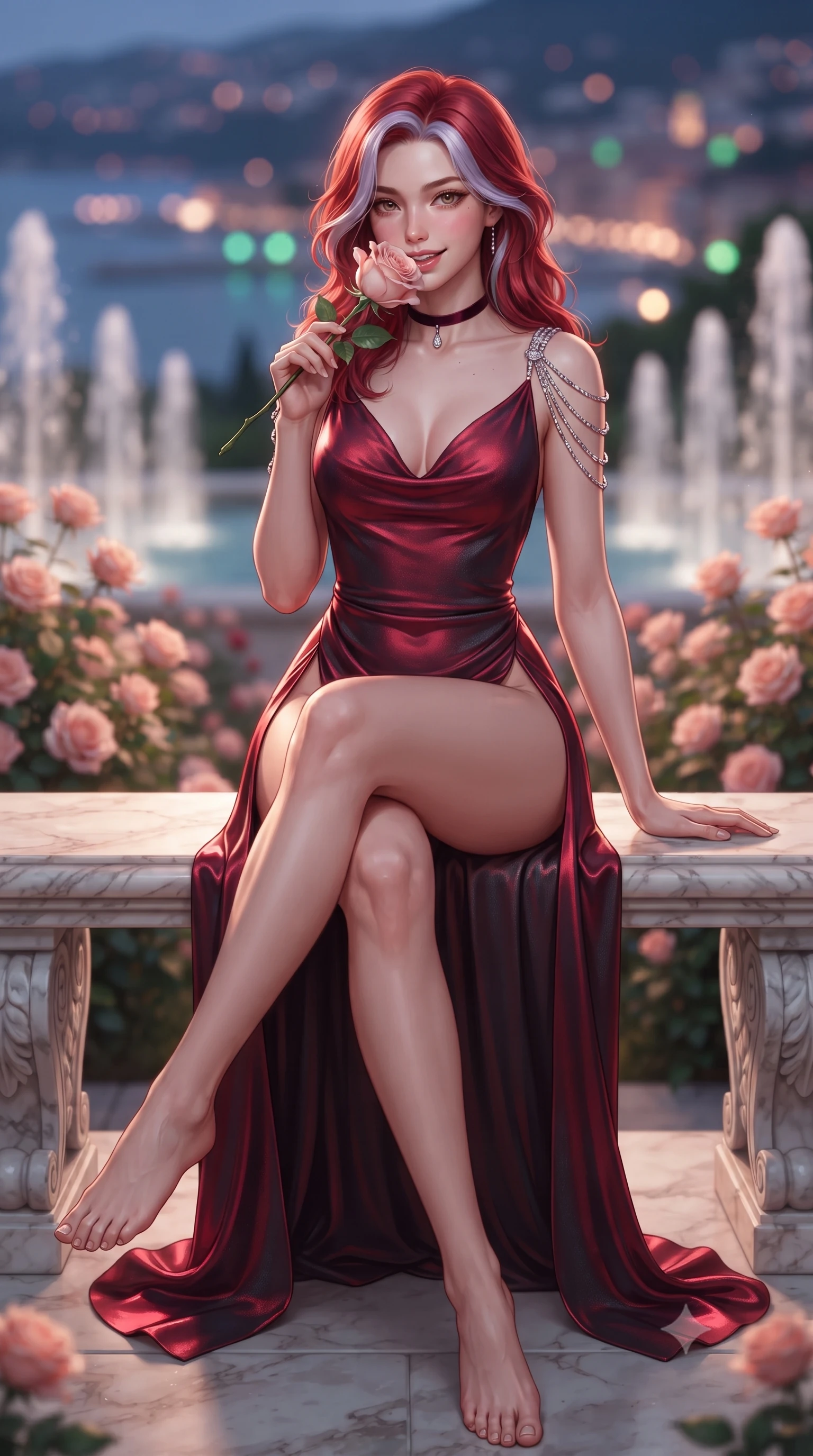 score_9, masterpiece, best quality, ultra-detailed, high-budget anime keyframe, editorial fashion photography, tasteful artistic composition, Caucasian woman. low angle full-body shot from head to toe showing her feet, filling the entire 9:16 vertical frame with her statuesque presence, stretching her vertical silhouette. stepping forward in a confident stride, her long slender legs and curvaceous hips creating a dynamic, sweeping vertical line while sitting gracefully on the carved marble bench with legs crossed, holding a freshly cut blush rose with alluring, parted-lip charm. The background shows a soft-focus blooming rose parterres, cascading musical fountains, and panoramic views of the Bay of Villefranche blurred into rose-gold, emerald, and azure bokeh. She has an exceptionally tall and slender model-like 8.5-heads proportion, an ultra-slim waist, a flat toned midriff, narrow delicate ribcage, and beautifully sculpted feminine hips creating a graceful, slim hourglass silhouette without any bulky heaviness, with impossibly long slender legs. sharp v-shaped jawline, high-bridge nose, intricate jewel-like sparkling eyes with depth, thick eyelashes, glossy parted lips with a natural peach sheen, bright cheerful beaming smile with an enchanting and coquettish sensual glint, exuding both youthful cute charm and seductive allure, flawlessly proportioned anatomical accuracy, strict slender model proportions, natural body alignment, perfectly sculpted long slender limbs, ultra-slim waistline, clean dynamic posture without body distortion. wearing a plunging cowl-neck liquid satin resort gown with dramatic hip-high side slits and crystal shoulder cords in rich ruby crimson and dark brushed titanium, woven from stretch shimmer crepe adhering with glove-like precision, finished with a thin velvet ribbon choker and a single teardrop diamond pendant, the second-skin tailored fabric adhering flawlessly to her sculpted flat midriff and slender torso, emphasizing her long leg lines and perfectly proportioned willowy build. illuminated by pale stone reflection bounce and sharp copper-rose rim lights sculpting her delicate collarbones and statuesque proportions. ultra-reflective glossy finish, specular highlights, rich textural contrasts, high-contrast stereoscopic depth, volumetric dynamic lighting, 2k, ultra detail, master piece, 9:16 ratio
