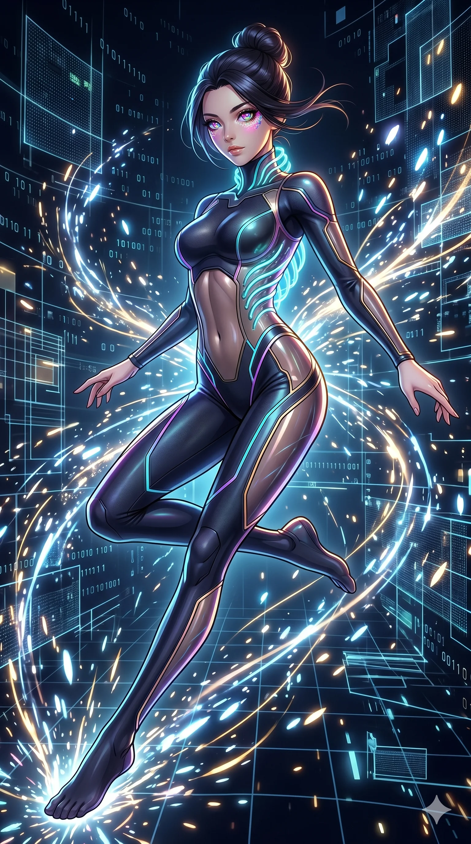 score_9, masterpiece, best quality, ultra-detailed, Set A: High-budget Anime Keyframe, Japanese woman. Low angle cowboy shot filling the entire 9:16 frame with her statuesque presence. Leaping through a virtual reality void, while her eyes glow with 250 different colors and surrounded by glowing energy sparks. She has an absolutely perfect 8-heads proportion, an exceptionally tall and slender female figure with impossibly long slender legs and an ultra-slim waist. Sharp v-shaped jawline, high-bridge nose, intricate jewel-like eyes with depth, thick eyelashes, glossy lips with a natural sheen. Wearing Neon-lit scuba suit with transparent panels and bioluminescent glowing gills. Cinematic lighting, vibrant colors, dramatic shadows, 2k, ultra detail, master piece, 9:16 ratio