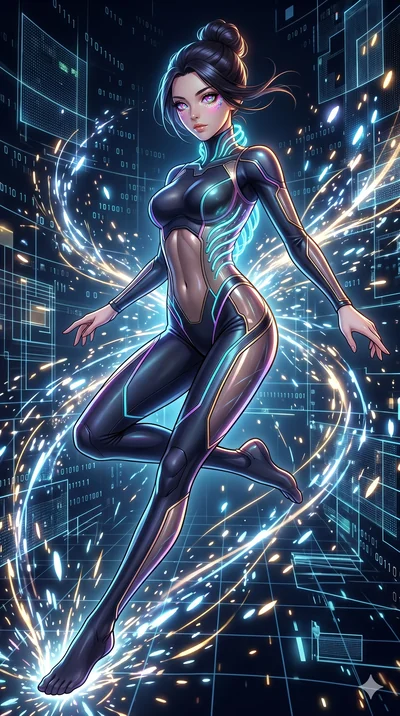 score_9, masterpiece, best quality, ultra-detailed, Set A: High-budget Anime Keyframe, Japanese woman. Low angle cowboy shot filling the entire 9:16 frame with her statuesque presence. Leaping through a virtual reality void, while her eyes glow with 