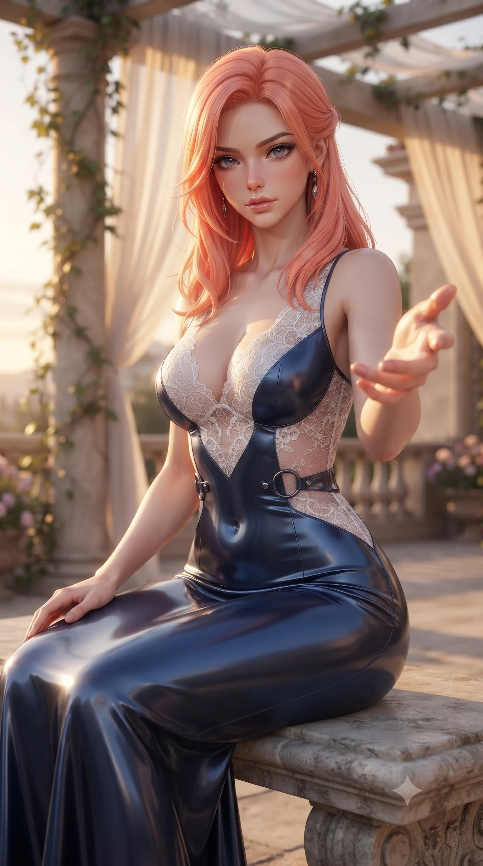 score_9, masterpiece, best quality, ultra-detailed, high-budget anime keyframe, editorial fashion photography, tasteful artistic composition, Japanese woman. close-up cowboy shot from the waist and thighs up, the character dominates the composition, filling the frame with her large presence, background elements kept in soft focus. Reaching one hand toward the viewer with relaxed sensual elegance, poised beneath a sheer linen pergola as golden-hour sunbeams flood the terrace, form-contouring silk gown accentuating her slender torso and long legs. She has an exceptionally elegant, slender, and willowy female figure with an ultra-slim waist, a gracefully sculpted slender torso, and a refined silhouette. sharp v-shaped jawline, high-bridge nose, intricate jewel-like eyes with depth, thick eyelashes, glossy lips with a natural sheen. wearing sheer midnight lace overlay bodysuit with delicate sheer cutouts in pearl white, made of high-gloss liquid vinyl, trimmed with dark chrome ring hardware along the waist contours, sculpting her athletic slender build with refined precision. lit by clear golden key rays casting soft graceful shadows. ultra-reflective glossy finish, specular highlights, metallic sheen, high-contrast stereoscopic depth, volumetric dynamic lighting, 2k, ultra detail, master piece, 9:16 ratio