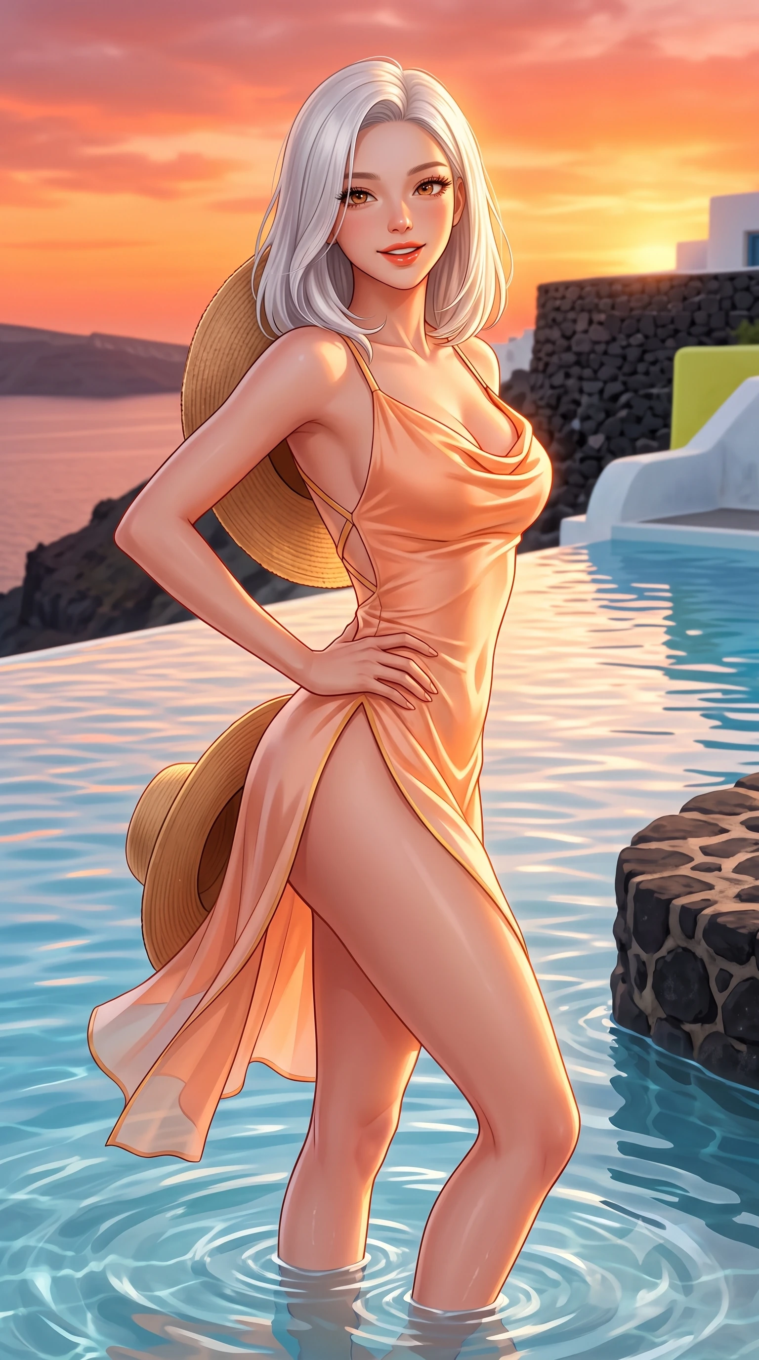score_9, masterpiece, best quality, ultra-detailed, high-budget anime keyframe, semi-realistic 3D game render, editorial fashion photography, tasteful artistic composition, Korean woman. close-up cowboy shot from the waist and thighs up, the character dominates the composition, filling the frame with her large presence. twisting her slender torso in an alluring contrapposto stance, one hand resting on her sculpted hip while flashing a charming, playful smile with parted glossy lips while standing knee-deep in the crystal infinity pool at the caldera edge, arching her back as the colossal Aegean sunset paints the sky in molten orange and rose. The surrounding environment is rendered in vivid detail and crisp panoramic clarity. sharp lime-washed plaster texture, volcanic black stone accents, and crystal-clear pool water ripples in deep focus. She has an exceptionally elegant, slender, and willowy female figure with an ultra-slim waist, flat toned midriff, narrow ribcage, and sculpted feminine hips creating an alluring, slim hourglass silhouette without bulk. sharp v-shaped jawline, high-bridge nose, sparkling amber-hazel eyes with depth, long lush eyelashes, glossy sun-kissed lips with a warm coral glaze, radiant teasing smile with sensual sunlit bedroom-eyes, exuding effortless old-money elegance and intoxicating sun-drenched allure, flawlessly proportioned anatomical accuracy, strict slender model proportions, natural body alignment, perfectly sculpted long slender limbs, ultra-slim waistline, clean dynamic posture without body distortion. wearing a breezy cowl-neck peach silk satin sundress with criss-cross back straps and hip-accentuating silhouette in pure alabaster white and molten gold accents, tailored from airy semi-sheer chiffon that flutters gently in the evening breeze, complemented by a wide-brim straw sunhat held casually behind her back, the form-contouring cut accentuating her sculpted flat midriff, narrow delicate ribcage, and gracefully curvy hips with sun-drenched supermodel elegance. bathed in intense, glowing Mediterranean golden hour sunlight that bathes every surface in warm amber and gold. highly saturated vibrant anime colors, detailed shading with soft gradients, rich glossy textures, high-contrast stereoscopic depth, volumetric dynamic lighting, master piece, 9:16 ratio