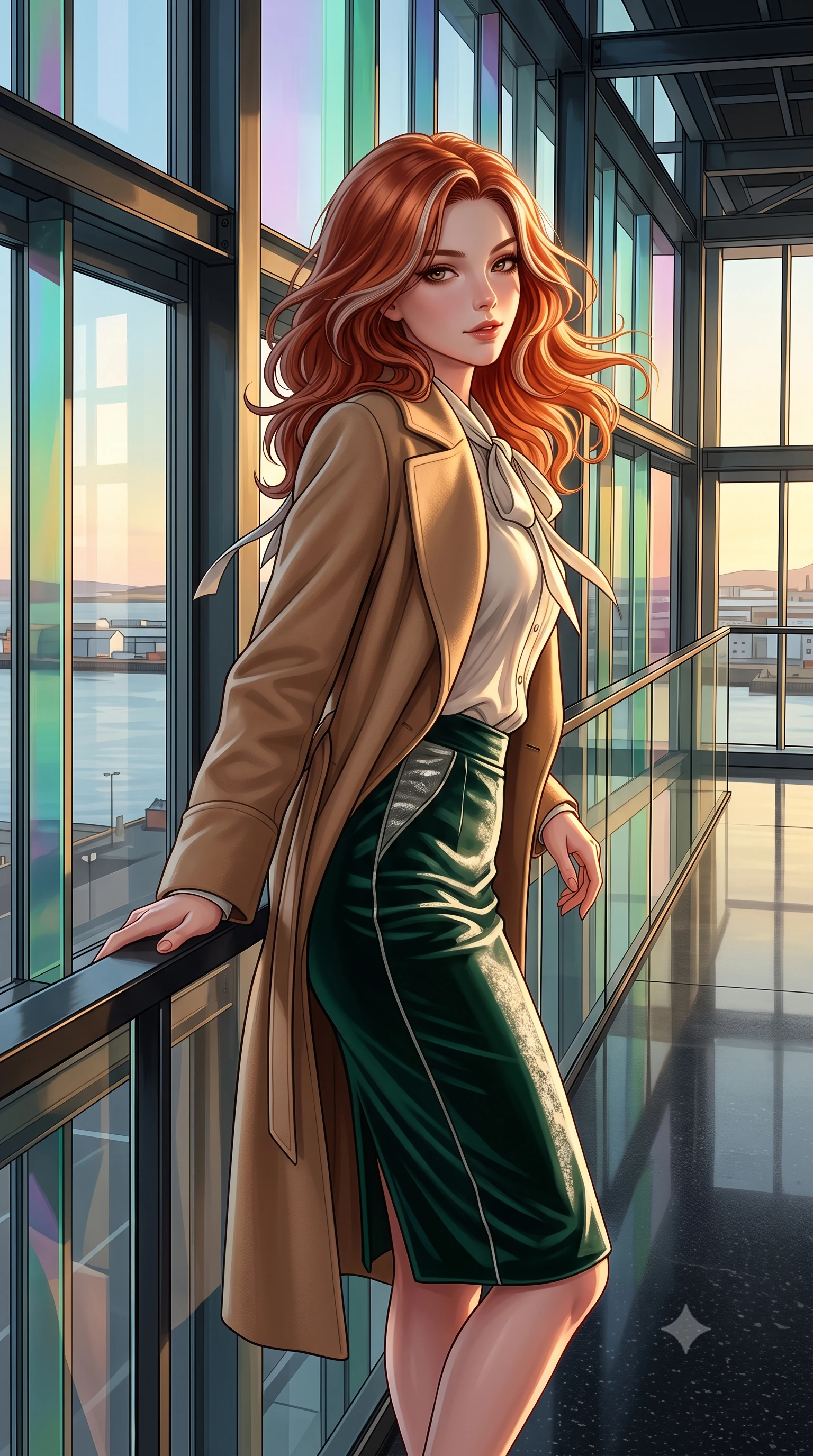 score_9, masterpiece, best quality, ultra-detailed, high-budget anime keyframe, editorial fashion photography, tasteful artistic composition, Caucasian woman. close-up cowboy shot from the waist and thighs up, the character dominates the composition, filling the frame with her large presence. turning slowly with an enchanting smoldering smile, her glossy hair tossing in the breeze as her hips angle gracefully in a captivating contrapposto while leaning against the cantilevered black steel atrium balustrade with hips cocked back, looking out over Reykjavik harbor with smoldering bedroom-eyes. The surrounding environment is rendered in vivid detail and crisp panoramic clarity: sharp steel quasi-brick structural joints, dichroic glass edge bevels, and mirror-polished black concrete floor grain in deep focus. She has an exceptionally elegant, slender, and willowy female figure with an ultra-slim waist, flat toned midriff, narrow ribcage, and sculpted feminine hips creating an alluring, slim hourglass silhouette without bulk. sharp v-shaped jawline, high-bridge nose, intricate jewel-like sparkling eyes with depth, thick eyelashes, glossy parted lips with a natural peach sheen, bright cheerful beaming smile with an enchanting and coquettish sensual glint, exuding both youthful cute charm and seductive allure, flawlessly proportioned anatomical accuracy, strict slender model proportions, natural body alignment, perfectly sculpted long slender limbs, ultra-slim waistline, clean dynamic posture without body distortion. wearing a tailored double-faced camel cashmere wrap coat draped over a silk georgette bow-tie blouse and pencil skirt in Art Nouveau malachite green and antique starlight silver, tailored from ultra-plush silk velvet with rich tactile depth and deep shadow gradients, finished with satin ribbon ties at the shoulders fluttering in the gentle breeze, the impeccably tailored cut draping gracefully along her slender figure with aristocratic poise. bathed in the low-angle golden 3000K midnight sun light filtering through prismatic colored glass panels. ultra-reflective glossy finish, specular highlights, rich textural contrasts, high-contrast stereoscopic depth, volumetric dynamic lighting, 2k, ultra detail, master piece, 9:16 ratio