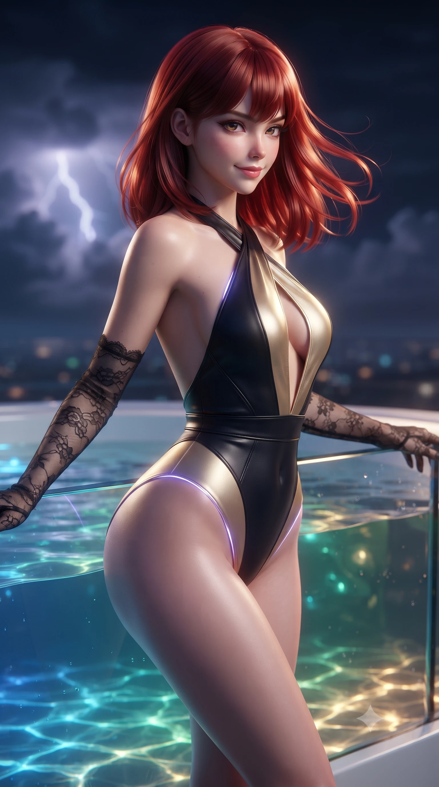 score_9, masterpiece, best quality, ultra-detailed, high-budget anime keyframe, editorial fashion photography, tasteful artistic composition, Caucasian woman. close-up cowboy shot from the waist and thighs up, the character dominates the composition, filling the frame with her large presence. turning slowly with an enchanting smoldering smile, her glossy hair tossing in the breeze as her hips angle gracefully in a captivating contrapposto while leaning against the transparent jacuzzi wall with hips cocked back, looking over a bare shoulder toward lightning dancing in neon clouds. The background shows a soft-focus jacuzzi acrylic rim softened in dramatic high-altitude shallow focus. She has an exceptionally elegant, slender, and willowy female figure with an ultra-slim waist, flat toned midriff, narrow ribcage, and sculpted feminine hips creating an alluring, slim hourglass silhouette without bulk. sharp v-shaped jawline, high-bridge nose, sparkling eyes with hypnotic seductive depth, thick curled eyelashes, glossy parted lips with a natural dewy peach sheen, alluring bedroom-eyes with an enchanting coquettish smile, exuding magnetic siren charisma and sophisticated glamour, flawlessly proportioned anatomical accuracy, strict slender model proportions, natural body alignment, perfectly sculpted long slender limbs, ultra-slim waistline, clean dynamic posture without body distortion. wearing a criss-cross halterneck keyhole bodysuit with open back and sculpted waist darts in midnight obsidian black and liquid champagne gold, woven from buttery-soft stretch lambskin leather adhering to her body like a second skin, complemented by sheer opera-length lace evening gloves tracing her slender arms, the second-skin tailored fabric adhering flawlessly to her sculpted flat midriff and slender torso, emphasizing her long leg lines and perfectly proportioned willowy build. illuminated by tub water caustics and sharp platinum-violet rim lights defining her delicate clavicles, ultra-slim waist, and curvy hips. ultra-reflective glossy finish, specular highlights, rich textural contrasts, high-contrast stereoscopic depth, volumetric dynamic lighting, 2k, ultra detail, master piece, 9:16 ratio