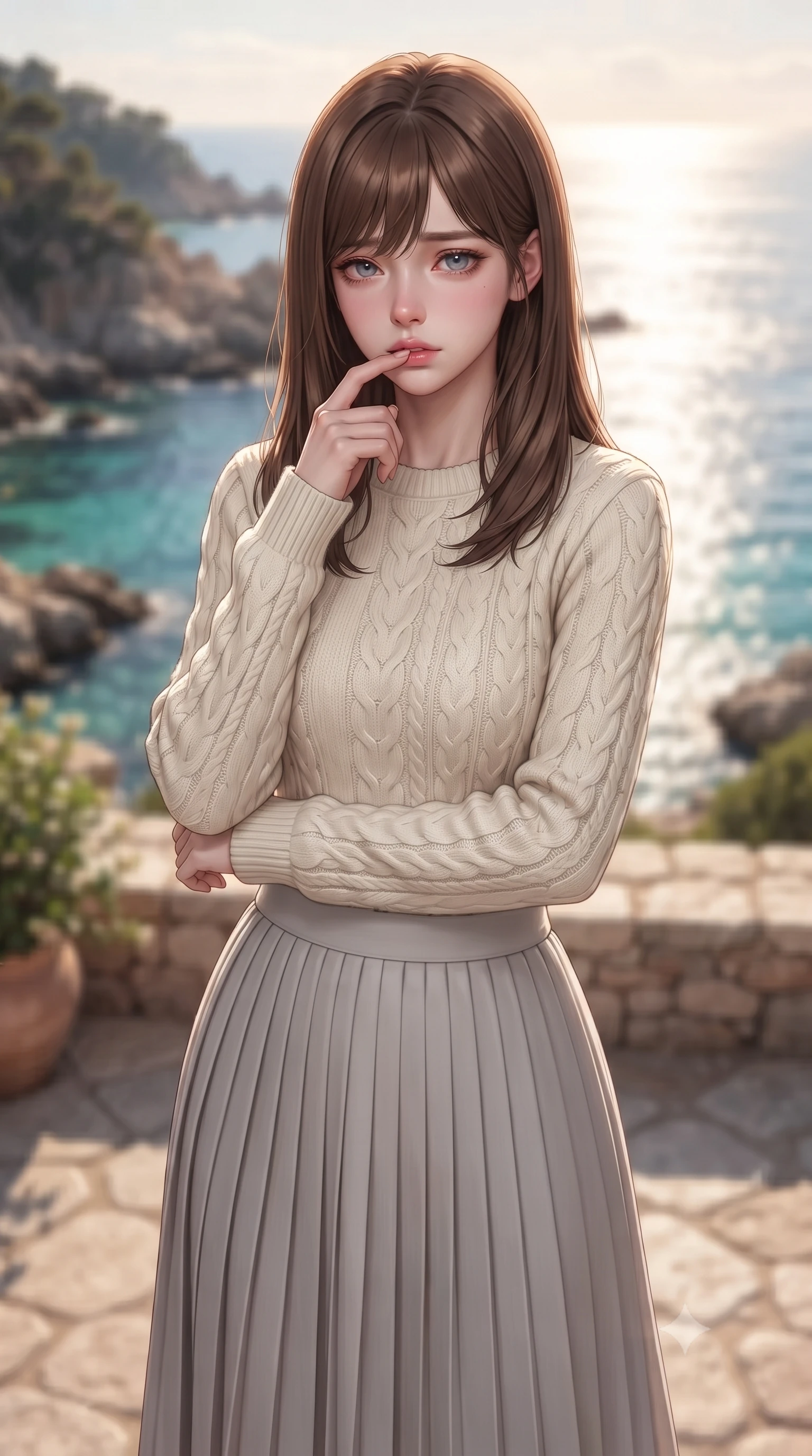 score_9, masterpiece, best quality, ultra-detailed, high-budget anime keyframe, editorial fashion photography, tasteful artistic composition, Korean woman woman. close-up cowboy shot from the waist and thighs up, the character dominates the composition, filling the frame with her large presence, background elements kept in soft focus. pressing one finger to her bottom lip in a thoughtful, seductive gesture under the warm sun the background shows a soft-focus a stone terrace of a coastal villa overlooking a rocky bay with turquoise water. She has an exceptionally elegant, slender, and willowy female figure with an ultra-slim waist, a gracefully sculpted slender torso, and a refined silhouette. sharp v-shaped jawline, high-bridge nose, intricate jewel-like eyes with depth, thick eyelashes, glossy lips with a natural sheen. wearing a form-contouring cozy cable-knit sweater in ivory, paired with a pleated light grey midi skirt. warm afternoon sunbeams reflecting off the ocean surface onto the terrace. ultra-reflective glossy finish, specular highlights, metallic sheen, high-contrast stereoscopic depth, volumetric dynamic lighting, 2k, ultra detail, master piece, 9:16 ratio