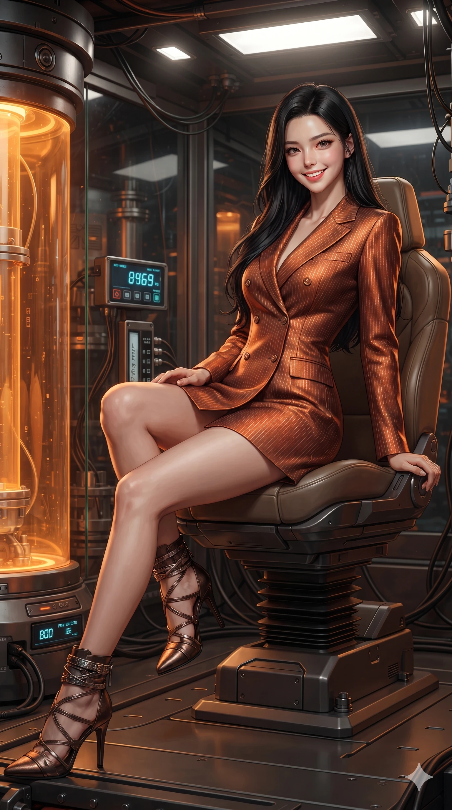 score_9, masterpiece, best quality, ultra-detailed, high-budget anime keyframe, editorial fashion photography, tasteful artistic composition, Korean woman. close-up cowboy shot from the waist and thighs up, the character dominates the composition, filling the frame with her large presence. perched sideways on the pilot seat, one knee drawn up to showcase her slender leg line while her arched back accentuates her feminine hip curve while reclining gracefully on an elevated maintenance platform propped on one elbow with legs extended, radiating sovereign sci-fi allure. The surrounding environment is rendered in vivid detail and crisp panoramic clarity: sharp glass tube wall reflections, precision flow meter digital readouts, and heavy steel flange bolts in deep focus. She has an exceptionally elegant, slender, and willowy female figure with an ultra-slim waist, flat toned midriff, narrow ribcage, and sculpted feminine hips creating an alluring, slim hourglass silhouette without bulk. sharp v-shaped jawline, high-bridge nose, intricate jewel-like sparkling eyes with depth, thick eyelashes, glossy parted lips with a natural sheen, bright confident smile with an enchanting and coquettish sensual glint, exuding both youthful magnetic charm and sovereign high-tech allure, flawlessly proportioned anatomical accuracy, strict slender model proportions, natural body alignment, perfectly sculpted long slender limbs, ultra-slim waistline, clean dynamic posture without body distortion. wearing a tailored double-breasted cyber-operative blazer dress with subtle metallic pin-stripes and structured lapels in fiery geothermal copper and molten amber glow, woven from high-density tech-wool with subtle metallic thread weave, complemented by strappy stiletto combat boots with metallic ankle wraps accentuating her slender calves, the impeccably tailored cut draping gracefully along her slender figure with aristocratic poise. bathed in the warm luminous glow emanating from within the amber coolant columns mixed with crisp overhead white floodlights. ultra-reflective glossy finish, specular highlights, rich textural contrasts, high-contrast stereoscopic depth, volumetric dynamic lighting, 2k, ultra detail, master piece, 9:16 ratio