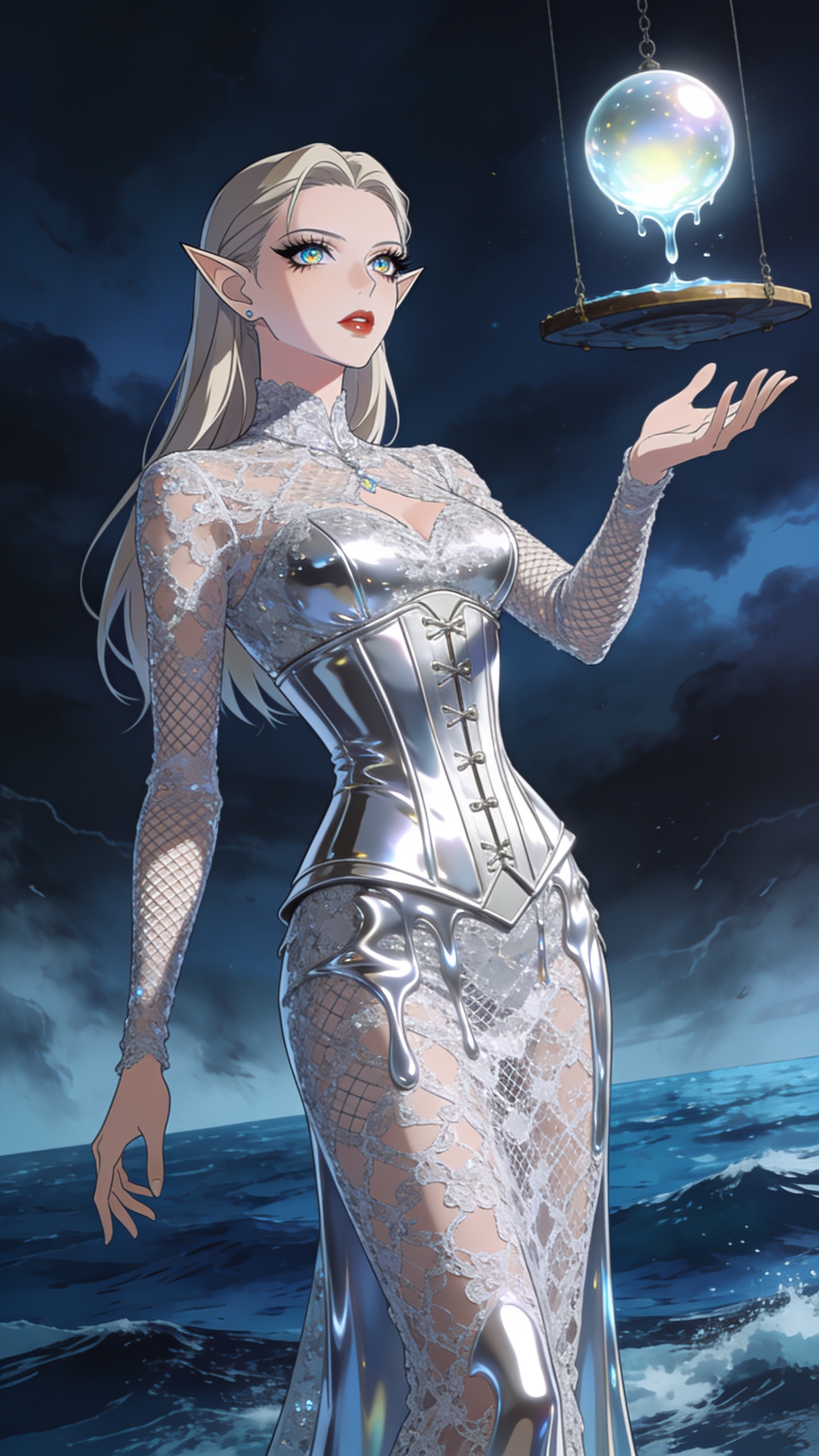 score_9, masterpiece, best quality, ultra-detailed, High-budget Anime Keyframe, Caucasian woman, strictly human ears. Low angle cowboy shot filling the entire 9:16 frame with her statuesque presence. Scenario 469: reaching out to catch a floating sphere of liquid light in a floating platform suspended over a stormy sea of dark blue water. Her presence is magnetic and overpowering in this high-budget anime scene. Outfit 469: a tailored liquid silver micro-mesh lace gown layered over a structured corset bodice. The clothing is designed to emphasize her exceptionally tall and slender 8-heads proportion. 8-heads proportion, towering silhouette, ultra-slim waist. sharp v-shaped jawline, intricate jewel-like eyes with depth, thick eyelashes, glossy lips. 2k, ultra detail, master piece, 9:16 ratio