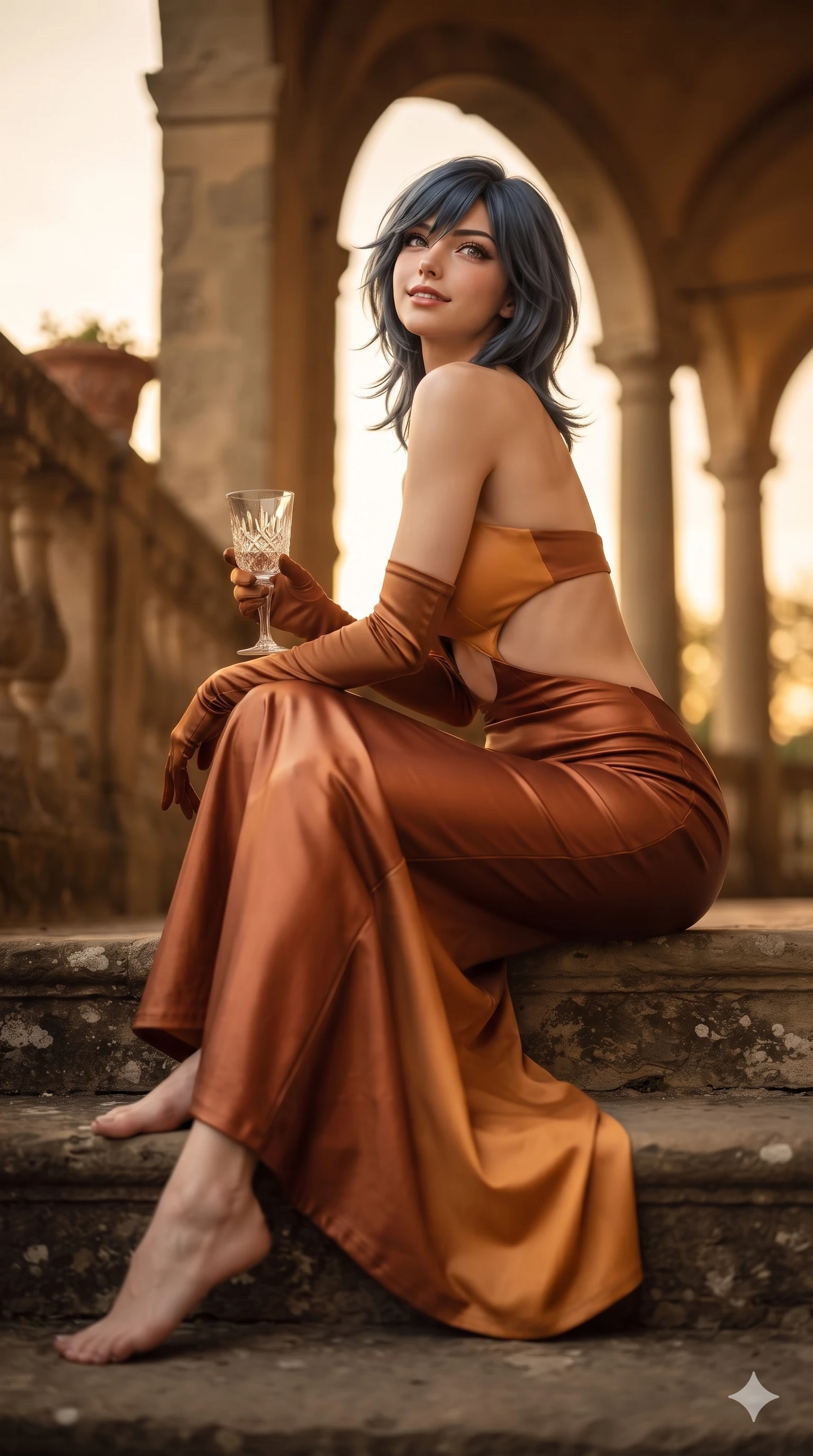 score_9, masterpiece, best quality, ultra-detailed, high-budget anime keyframe, editorial fashion photography, tasteful artistic composition, Caucasian woman. low angle full-body shot from head to toe showing her feet, filling the entire 9:16 vertical frame with her statuesque presence, stretching her vertical silhouette. sitting poised on the stone steps with one knee bent, arching her spine with supermodel elegance as she glances upward through thick eyelashes while turning over a bare shoulder with an intoxicating, teasing smile, her soft hair framing her sharp jawline as her hips angle gracefully beside weathered stone arches. The composition keeps background elements in soft focus with creamy bokeh: golden Tuscan sunset haze softened in historic Renaissance palazzo loggia shallow focus. She has an exceptionally tall and slender model-like 8.5-heads proportion, an ultra-slim waist, a flat toned midriff, narrow delicate ribcage, and beautifully sculpted feminine hips creating a graceful, slim hourglass silhouette without any bulky heaviness, with impossibly long slender legs. sharp v-shaped jawline, high-bridge nose, intricate jewel-like eyes with depth, thick eyelashes, glossy parted lips with a natural sheen, intensely captivating and seductive bedroom-eyes expression, flawlessly proportioned anatomical accuracy, strict slender model proportions, natural body alignment, perfectly sculpted long slender limbs, ultra-slim waistline, clean dynamic posture without body distortion. wearing a sculpted liquid-satin mermaid gown with an architectural open-waist cutout and bare spine in rich copper bronze and warm amber, woven from buttery-soft stretch lambskin leather adhering to her body like a second skin, accessorized with opera-length satin gloves and a vintage crystal glass, the form-contouring silhouette accentuating her sculpted flat midriff, narrow delicate ribcage, and gracefully curvy hips with intoxicating allure. bathed in the glowing 2800K golden hour radiance of the Tuscan sun reflecting off warm stone parapets. ultra-reflective glossy finish, specular highlights, rich textural contrasts, high-contrast stereoscopic depth, volumetric dynamic lighting, 2k, ultra detail, master piece, 9:16 ratio