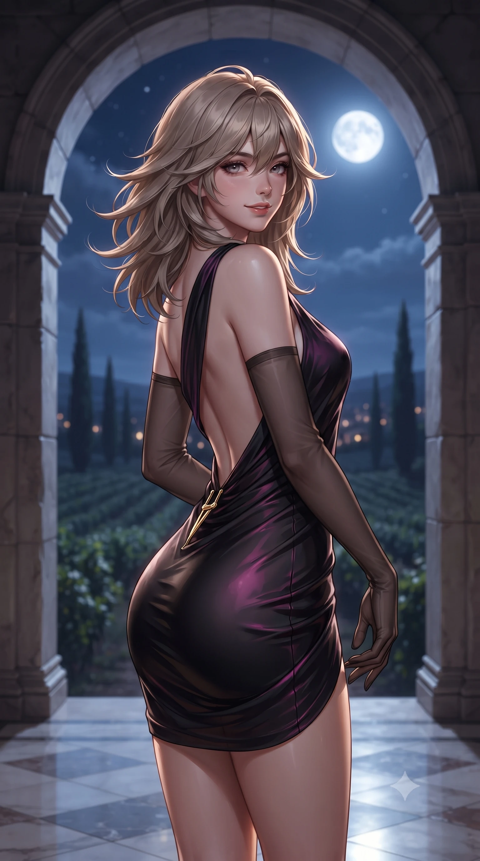 score_9, masterpiece, best quality, ultra-detailed, high-budget anime keyframe, editorial fashion photography, tasteful artistic composition, Japanese woman. close-up cowboy shot from the waist and thighs up, the character dominates the composition, filling the frame with her large presence. turning slowly with an enchanting smoldering smile, her glossy hair tossing in the breeze as her hips angle gracefully in a captivating contrapposto while standing framed inside the soaring classical stone archway, arching her lower back to accentuate her curvy hips as night breezes rustle the vines. The background shows a soft-focus endless rolling vineyards under a brilliant silver full moon, silhouettes of slender cypress trees, and twinkling village lights blurred into indigo, silver, and amber bokeh. She has an exceptionally elegant, slender, and willowy female figure with an ultra-slim waist, flat toned midriff, narrow ribcage, and sculpted feminine hips creating an alluring, slim hourglass silhouette without bulk. sharp v-shaped jawline, high-bridge nose, sparkling eyes with hypnotic seductive depth, thick curled eyelashes, glossy parted lips with a natural dewy peach sheen, alluring bedroom-eyes with an enchanting coquettish smile, exuding magnetic siren charisma and sophisticated glamour, flawlessly proportioned anatomical accuracy, strict slender model proportions, natural body alignment, perfectly sculpted long slender limbs, ultra-slim waistline, clean dynamic posture without body distortion. wearing a draped Greek-goddess style silk chiffon mini toga dress with an open back and golden hip fibula in wet-look onyx black with electric magenta reflections, made of semi-opaque stretch illusion mesh with soft shadowy contours, complemented by sheer opera-length evening gloves tracing her slender arms, the liquid-tight tailored fabric clinging flawlessly to her narrow waist and rounded feminine hips, emphasizing every millimeter of her sculpted slim hourglass curves without any bulky heaviness. illuminated by polished marble floor reflections and sharp platinum-gold rim lights defining her razor-sharp jawline, narrow waist, and curvy hips. ultra-reflective glossy finish, specular highlights, rich textural contrasts, high-contrast stereoscopic depth, volumetric dynamic lighting, 2k, ultra detail, master piece, 9:16 ratio