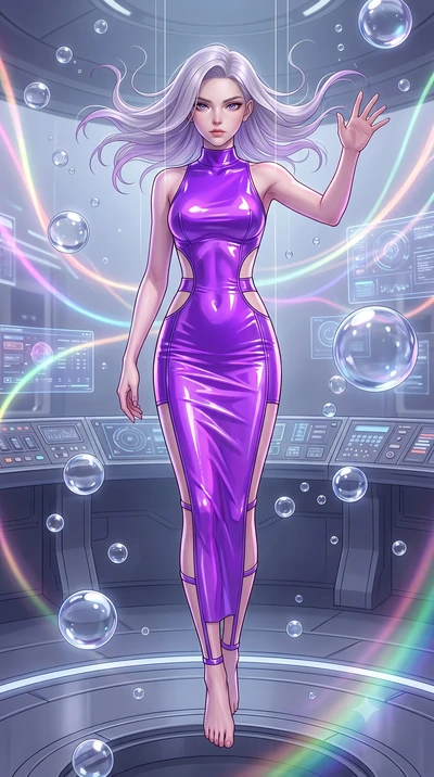 score_9, masterpiece, best quality, ultra-detailed, High-budget Anime Keyframe, Caucasian woman, strictly human ears. Dynamic full-body shot stretching the vertical silhouette to the limit. Scenario 511: suspended by invisible silk threads inside a z