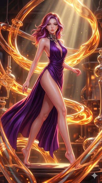 score_9, masterpiece, best quality, ultra-detailed, high-budget anime keyframe, Japanese woman. upper body close-up from the thighs up, character filling the screen for maximum presence. bounding through a molten glass art studio where twisting, glow