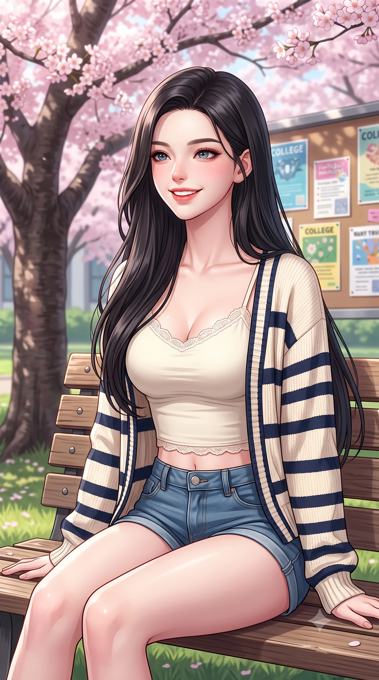 score_9, masterpiece, best quality, ultra-detailed, high-budget anime keyframe, editorial fashion photography, tasteful artistic composition, Korean woman. close-up cowboy shot from the waist and thighs up, the character dominates the composition, filling the frame with her large presence, background elements kept in soft focus. gazing past the camera with a happy, bright expression and a warm smile set against a soft-focus background of sitting on a wooden bench under a large, blooming cherry blossom tree on a college campus lawn with colorful college flyers and posters decorating the bulletin boards behind her. She has an exceptionally elegant, slender, and willowy female figure with an ultra-slim waist, a gracefully sculpted slender torso, and a refined silhouette. sharp v-shaped jawline, high-bridge nose, intricate jewel-like eyes with depth, thick eyelashes, glossy lips with a natural sheen. wearing slim-fit delicate lace-trim crop top in cream, worn under an open preppy cardigan and denim shorts. soft diffused daylight creating a clean, high-key glow in the space. highly saturated vibrant anime colors, detailed shading with soft gradients, rich glossy textures, high-contrast stereoscopic depth, volumetric dynamic lighting, master piece, 9:16 ratio