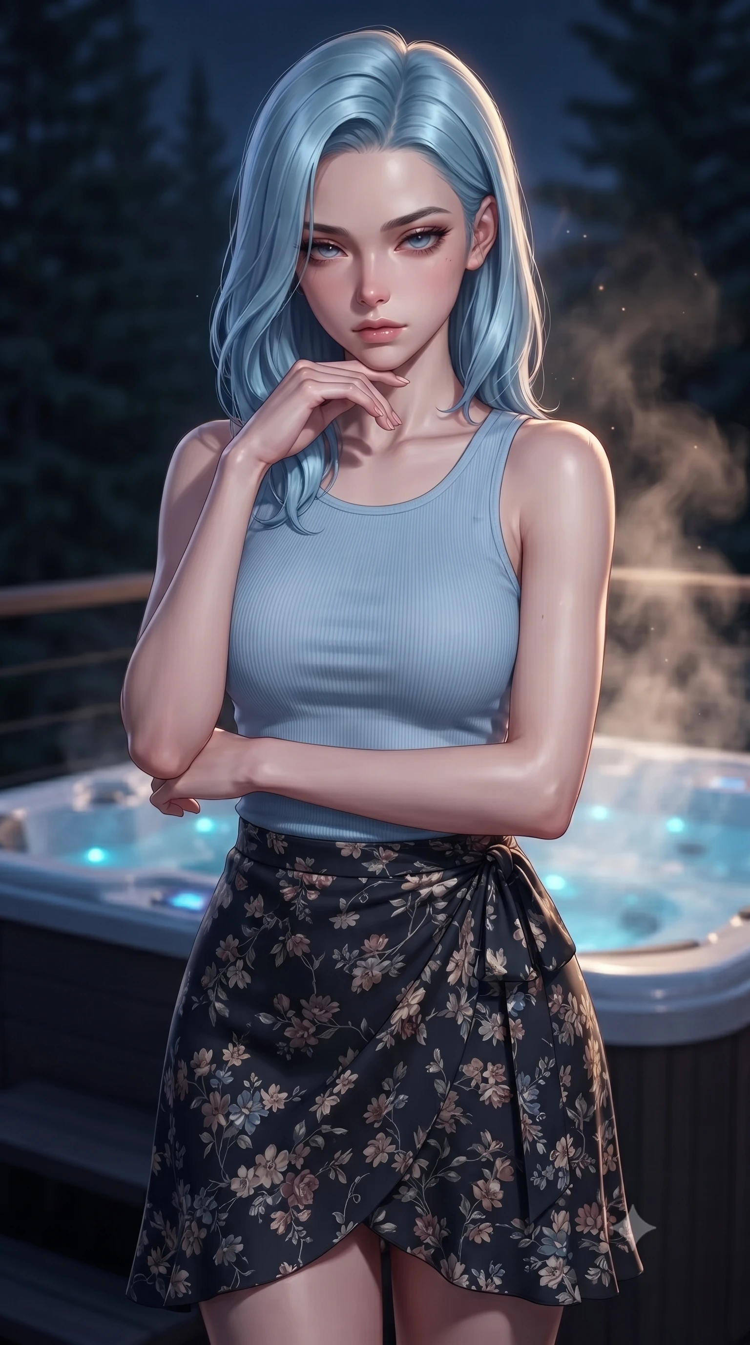 score_9, masterpiece, best quality, ultra-detailed, high-budget anime keyframe, editorial fashion photography, tasteful artistic composition, Korean woman woman. close-up cowboy shot from the waist and thighs up, the character dominates the composition, filling the frame with her large presence, background elements kept in soft focus. resting her chin on the backs of her fingers, casting a heavy-lidded, sultry look past the camera the background shows a soft-focus a terrace deck of a luxury villa with a private jacuzzi, overlooking a dark pine forest. She has an exceptionally elegant, slender, and willowy female figure with an ultra-slim waist, a gracefully sculpted slender torso, and a refined silhouette. sharp v-shaped jawline, high-bridge nose, intricate jewel-like eyes with depth, thick eyelashes, glossy lips with a natural sheen. wearing a form-contouring simple ribbed cotton tank top in baby blue paired with a floral print wrap skirt. the warm steam rising into the cool night air, catch in the blue jacuzzi lights. ultra-reflective glossy finish, specular highlights, metallic sheen, high-contrast stereoscopic depth, volumetric dynamic lighting, 2k, ultra detail, master piece, 9:16 ratio