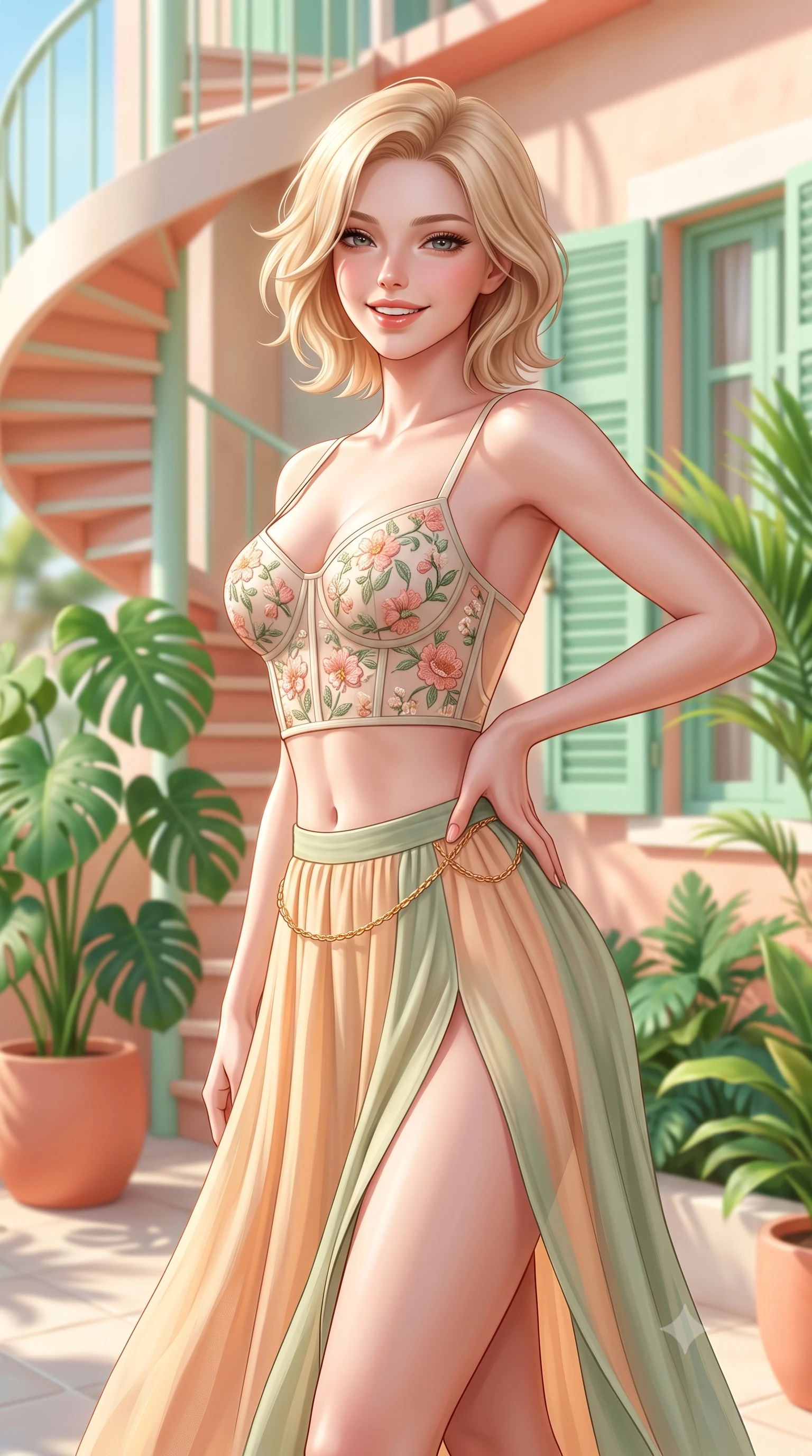 score_9, masterpiece, best quality, ultra-detailed, high-budget anime keyframe, semi-realistic 3D game render, editorial fashion photography, tasteful artistic composition, Caucasian woman. close-up cowboy shot from the waist and thighs up, the character dominates the composition, filling the frame with her large presence. twisting her slender torso in an alluring contrapposto stance, one hand resting on her sculpted hip while flashing a radiant, playful smile with parted glossy lips while standing poised beside giant potted monsteras on the sunlit terrace, twisting her slender torso in an alluring contrapposto stance. The composition keeps background elements in soft focus with dreamy creamy bokeh. curved art deco spiral staircases, pastel green window shutters, and lush potted tropical foliage blurred into mint, coral, and cream bokeh. She has an exceptionally elegant, slender, and willowy female figure with an ultra-slim waist, flat toned midriff, narrow ribcage, and sculpted feminine hips creating an alluring, slim hourglass silhouette without bulk. sharp v-shaped jawline, high-bridge nose, intricate jewel-like sparkling eyes with depth, thick eyelashes, glossy parted lips with a natural peach sheen, bright cheerful beaming smile with an enchanting and coquettish sensual glint, exuding both youthful cute charm and seductive allure, flawlessly proportioned anatomical accuracy, strict slender model proportions, natural body alignment, perfectly sculpted long slender limbs, ultra-slim waistline, clean dynamic posture without body distortion. wearing a delicate floral embroidery bustier top paired with a flowy high-slit chiffon maxi skirt with a side hip opening in soft apricot and sage green, crafted from soft breathable linen with effortless natural drape, accented with a delicate gold chain belt resting loosely on her curvy hips, the precision-cut side openings and low-back scoop framing her graceful spine and the sensual sweep of her slim, toned hips. illuminated by soft wall bounce light sharply sculpting her razor-sharp jawline, narrow waist, and curvy hips. highly saturated vibrant anime colors, detailed shading with soft gradients, rich glossy textures, high-contrast stereoscopic depth, volumetric dynamic lighting, master piece, 9:16 ratio