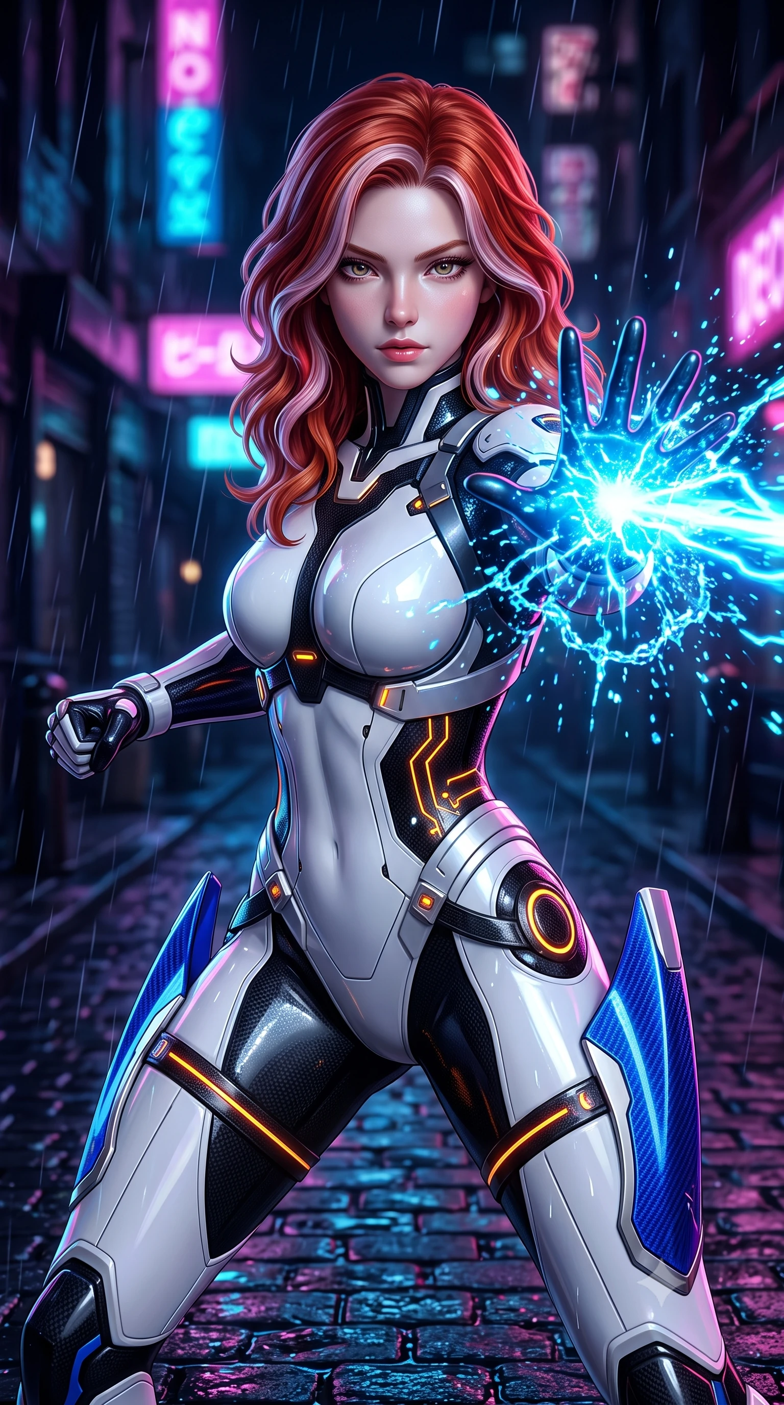 score_9, masterpiece, best quality, ultra-detailed, high-budget anime keyframe, semi-realistic 3D game render, editorial fashion photography, tasteful artistic composition, Caucasian woman. close-up cowboy shot from the waist and thighs up, the character dominates the composition, filling the frame with her large presence. in a razor-sharp Panzer Kunst fighting guard, one hand extended with palm open in fluid kinetic tension, captivating jewel-like eyes locked onto the viewer with dangerous focus while pivoting dynamically on wet cobblestones as her defensive palm parry disperses an incoming neon energy blast. The composition keeps background elements in soft focus with creamy bokeh. falling raindrops catching neon light motes across a dark noir backdrop. She has an exceptionally elegant, slender, and willowy female figure with an ultra-slim waist, a gracefully sculpted slender torso, toned flat midriff, and a refined slim silhouette. sharp v-shaped jawline, high-bridge nose, intricate jewel-like eyes with depth, thick eyelashes, glossy lips with a natural sheen, flawlessly proportioned anatomical accuracy, strict slender model proportions, natural body alignment, perfectly sculpted long slender limbs, ultra-slim waistline, clean dynamic posture without body distortion. wearing a high-contrast monochrome white-and-black carbon-composite exoskeleton suit with glowing amber circuitry and aerodynamic limb fins in electric cobalt blue carbon with polished platinum trim, formed from high-gloss patent carbon-plating with specular chiaroscuro reflections, reinforced by a sleek titanium kinetic harness and glowing micro-energy straps, the glove-like aerodynamic second-skin fit tightly clinging to her ultra-slender waist and athletic curves without adding bulk, accentuating her razor-sharp statuesque lines and slim hourglass silhouette. illuminated by wet reflective highlights tracing her sculpted flat midriff, waist, and long legs. rich saturated anime colors with glowing neon highlights, detailed shading with soft gradients, rich glossy textures, high-contrast stereoscopic depth, volumetric dynamic lighting, master piece, 9:16 ratio