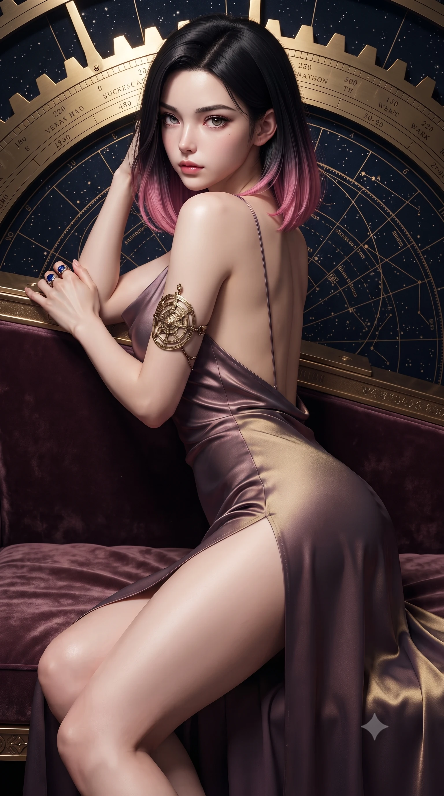 score_9, masterpiece, best quality, ultra-detailed, high-budget anime keyframe, editorial fashion photography, tasteful artistic composition, Korean woman. close-up cowboy shot from the waist and thighs up, the character dominates the composition, filling the frame with her large presence. leaning forward against the polished railing with her hips cocked back, creating an intoxicating curve from her narrow waist to sculpted hips as she gazes back into the lens while reclining on a velvet-lined observation platform propped on one elbow, looking back over her shoulder with an intoxicating bedroom-gaze. The surrounding environment is rendered in vivid detail and crisp panoramic clarity. sharp brass gear teeth, engraved celestial coordinate rings, and star map typography in deep focus. She has an exceptionally elegant, slender, and willowy female figure with an ultra-slim waist, a gracefully sculpted slender torso, toned flat midriff, and rounded feminine hips creating an alluring hourglass silhouette. sharp v-shaped jawline, high-bridge nose, intricate jewel-like eyes with depth, thick eyelashes, glossy parted lips with a natural sheen, intensely captivating and seductive bedroom-eyes expression, flawlessly proportioned anatomical accuracy, strict slender model proportions, natural body alignment, perfectly sculpted long slender limbs, ultra-slim waistline, clean dynamic posture without body distortion. wearing a backless cowl-neck satin slip dress featuring high-cut side hip slits and delicate thin straps in dusky celestial plum and antique brass gold, woven from layered gossamer chiffon with a weightless sweeping drape, accessorized with an intricate brass astrolabe armlet and sapphire ring, the liquid-tight tailored fabric clinging flawlessly to her narrow waist and rounded feminine hips, emphasizing every millimeter of her sculpted hourglass curves during movement. illuminated by starlight edge lights carving her slender waist, bare collarbones, and feminine hip line. ultra-reflective glossy finish, specular highlights, rich textural contrasts, high-contrast stereoscopic depth, volumetric dynamic lighting, 2k, ultra detail, master piece, 9:16 ratio