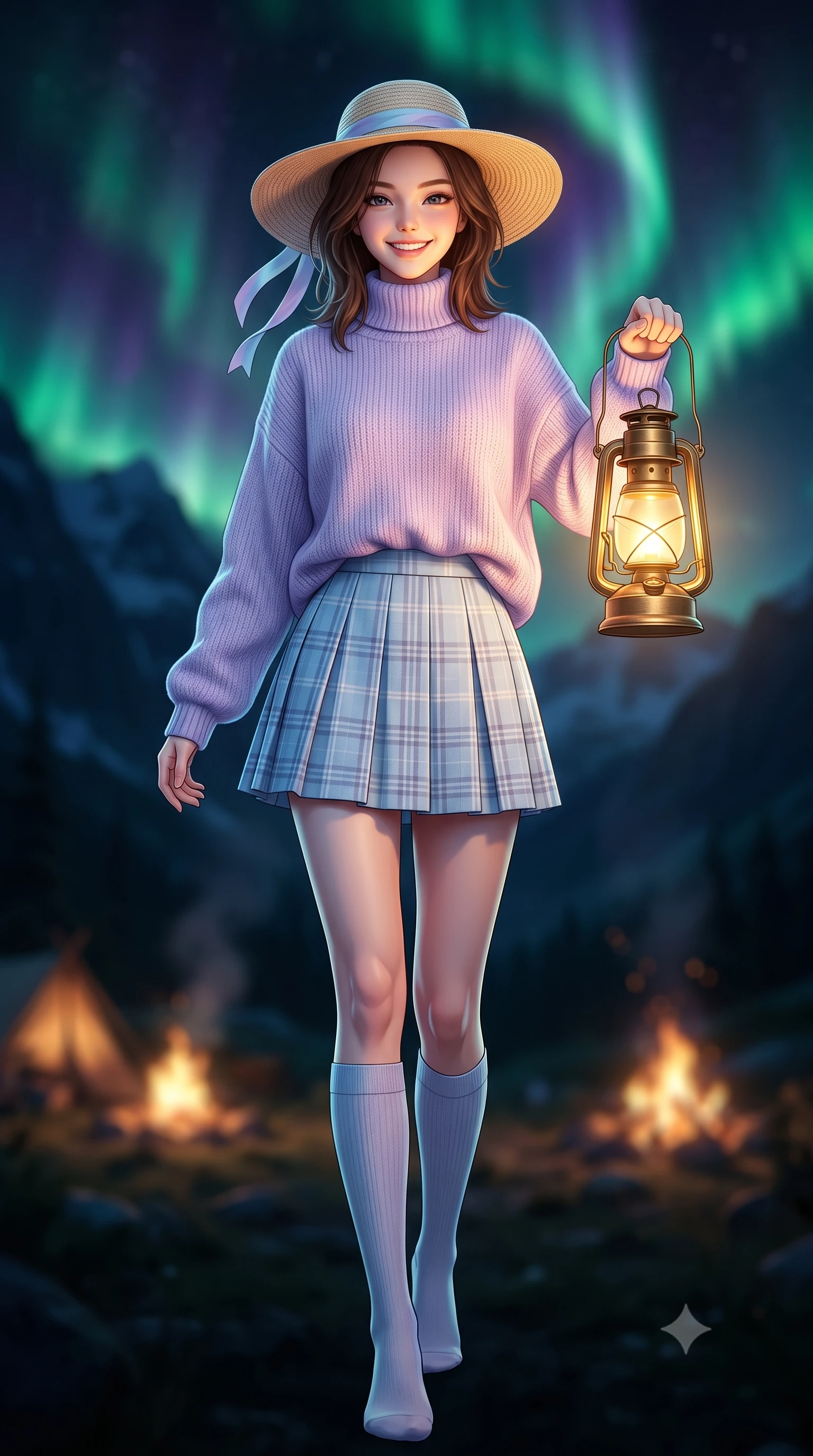 score_9, masterpiece, best quality, ultra-detailed, high-budget anime keyframe, semi-realistic 3D game render, editorial fashion photography, tasteful artistic composition, Korean woman. low angle full-body shot from head to toe showing her feet, filling the entire 9:16 vertical frame with her statuesque presence, stretching her vertical silhouette. walking forward in a cheerful, dynamic stride with a radiant beaming smile, her statuesque silhouette filling the frame while holding a vintage brass camping lantern that casts a warm, golden glow across her sweet, radiant face. The composition keeps background elements in soft focus with creamy bokeh. dark mountain silhouettes and distant campsite campfires softened in smooth nocturnal depth of field. She has an absolutely perfect, statuesque 8.5-heads proportion, an exceptionally tall and slender model-like female figure with impossibly long slender legs, a toned flat midriff, and an ultra-slim waist. sharp v-shaped jawline, high-bridge nose, intricate jewel-like eyes with depth, thick eyelashes, glossy lips with a natural sheen, pure and lovely fresh girlhood expression, flawlessly proportioned anatomical accuracy, strict slender model proportions, natural body alignment, perfectly sculpted long slender limbs, ultra-slim waistline, clean dynamic posture without body distortion. wearing a cozy oversized turtleneck knit jumper paired with a pleated plaid wool skirt and knee-high socks in soft pastel lavender and delicate sky blue, crafted from soft breathable linen that flutters gently in the breeze, paired with a wide-brim woven straw hat tied with a pastel ribbon, the chic real-way fashion cut emphasizing her effortless charm, flat midriff, and slender model proportions. bathed in dancing emerald and violet aurora glow combined with warm golden brass lantern uplights. highly saturated vibrant anime colors, detailed shading with soft gradients, rich glossy textures, high-contrast stereoscopic depth, volumetric dynamic lighting, master piece, 9:16 ratio