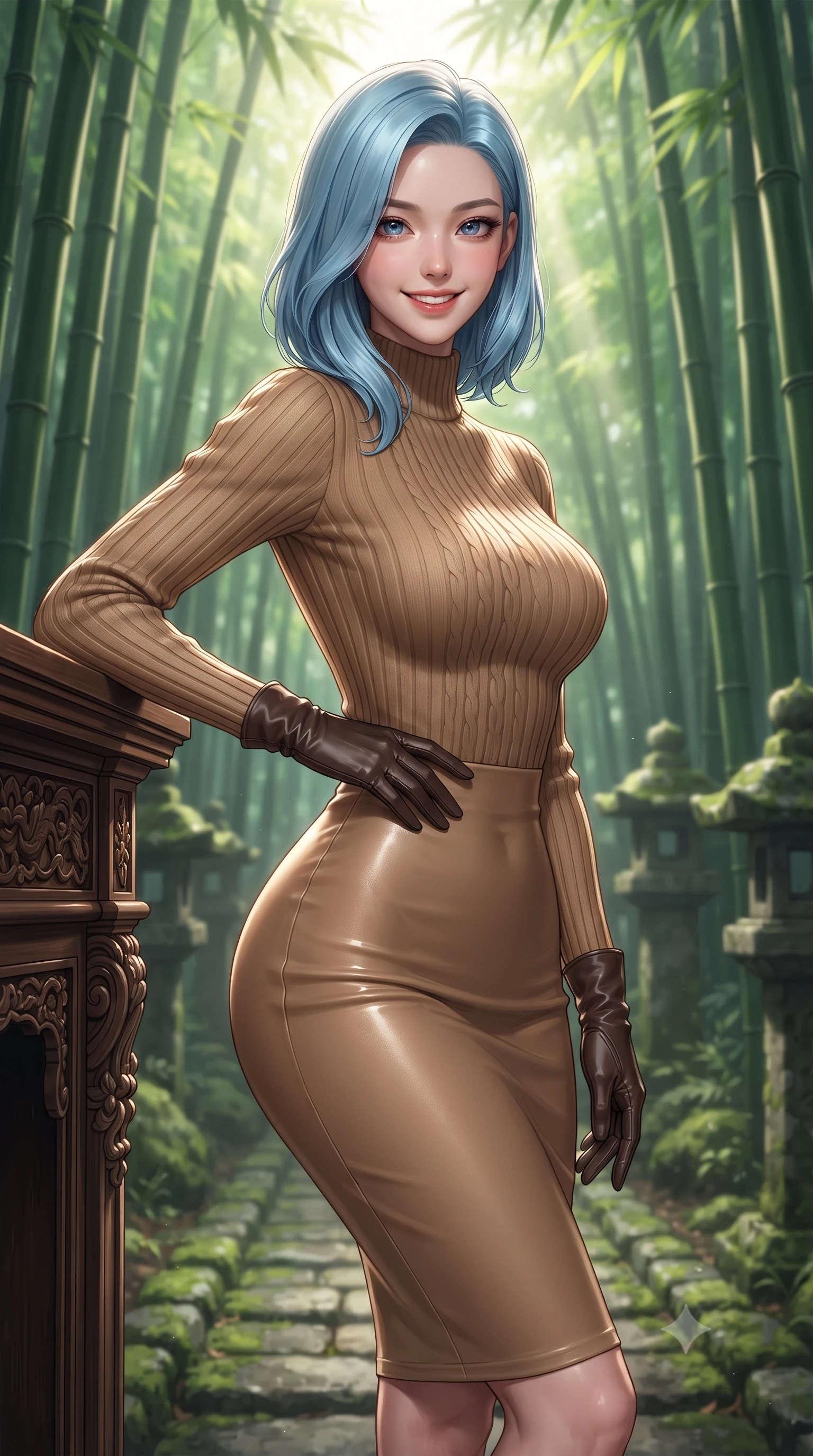 score_9, masterpiece, best quality, ultra-detailed, high-budget anime keyframe, editorial fashion photography, tasteful artistic composition, Korean woman. close-up cowboy shot from the waist and thighs up, the character dominates the composition, filling the frame with her large presence. leaning gracefully against the carved mantelpiece with one hand on her hip, showcasing her slender waist and feminine posture while standing poised between towering emerald bamboo stalks, looking back along the stone pathway with an enchanting, radiant smile. The background shows a soft-focus ancient mossy stone lanterns softened in mystical Japanese natural sanctuary shallow focus. She has an exceptionally elegant, slender, and willowy female figure with an ultra-slim waist, flat toned midriff, narrow ribcage, and sculpted feminine hips creating an alluring, slim hourglass silhouette without bulk. sharp v-shaped jawline, high-bridge nose, intricate jewel-like sparkling eyes with depth, thick eyelashes, glossy parted lips with a natural peach sheen, bright cheerful beaming smile with an enchanting and coquettish sensual glint, exuding both youthful cute charm and seductive allure, flawlessly proportioned anatomical accuracy, strict slender model proportions, natural body alignment, perfectly sculpted long slender limbs, ultra-slim waistline, clean dynamic posture without body distortion. wearing a sculpted cable-ribbed cashmere bodycon sweater dress with long fitted sleeves and a snug mock-neck tracing her slender silhouette in Saint-Germain camel wool and warm espresso, woven from fluid liquid silk jersey that clings smoothly to her narrow waist and rounded hips with a dewy sheen, complemented by buttery leather opera gloves tracing her slender arms with sleek polish, the glove-like clinging cut tightly following the natural contour of her hips and long slender legs with youthful 8.5-heads elegance. bathed in ethereal shafts of morning sunlight (komorebi) piercing through dense emerald bamboo canopies. ultra-reflective glossy finish, specular highlights, rich textural contrasts, high-contrast stereoscopic depth, volumetric dynamic lighting, 2k, ultra detail, master piece, 9:16 ratio