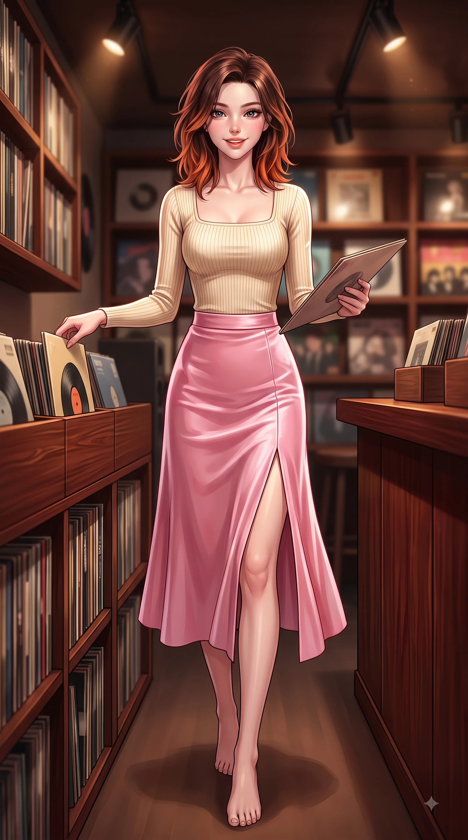 score_9, masterpiece, best quality, ultra-detailed, high-budget anime keyframe, editorial fashion photography, tasteful artistic composition, Korean woman. low angle full-body shot from head to toe showing her feet, filling the entire 9:16 vertical frame with her statuesque presence, stretching her vertical silhouette. stepping forward gracefully in mid-motion with a delighted cute expression, displaying her statuesque model proportions while browsing vintage vinyl record albums in a cozy Hongdae LP bar with a sweet playful smile. The composition keeps background elements in soft focus with dreamy bokeh. rich mahogany bar counters blurred smoothly behind her feminine posture. She has an absolutely perfect, statuesque 8.5-heads proportion, an exceptionally tall and slender model-like female figure with impossibly long slender legs and an ultra-slim waist. sharp v-shaped jawline, high-bridge nose, intricate jewel-like eyes with depth, thick eyelashes, glossy lips with a natural sheen, flawlessly proportioned anatomical accuracy, natural body alignment, perfectly sculpted elegant limbs, clean dynamic posture without body distortion. wearing a chic square-neck ribbed top paired with a flowing A-line midi skirt in bright cherry blossom pink and champagne, made of lustrous stretch velvet, featuring a sleek side leg slit ascending to mid-thigh, the tailored fabric tightly following every curve of her athletic build. illuminated by cozy directional spotlights and rich mahogany reflections. highly saturated vibrant anime colors, detailed shading with soft gradients, rich glossy textures, high-contrast stereoscopic depth, volumetric dynamic lighting, master piece, 9:16 ratio