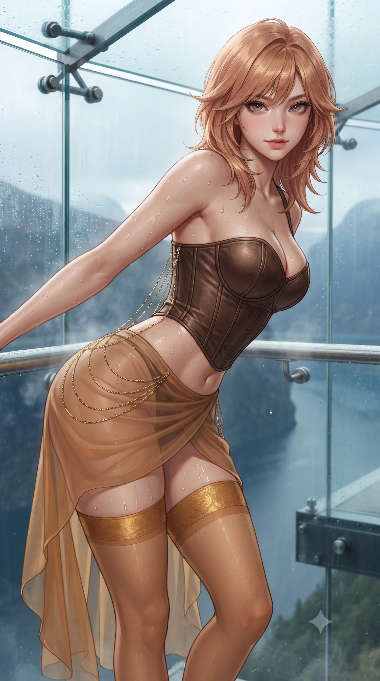 score_9, masterpiece, best quality, ultra-detailed, high-budget anime keyframe, editorial fashion photography, tasteful artistic composition, Korean woman. close-up cowboy shot from the waist and thighs up, the character dominates the composition, filling the frame with her large presence. leaning forward while arching her lower back to accentuate her curvy hips, looking into the camera with an intoxicating smoldering gaze and bedroom-eyes while standing inside the steaming glass-walled hydrotherapy spa cantilevered high over the fjord abyss, arching her spine with supermodel poise. The surrounding environment is rendered in vivid detail and crisp panoramic clarity: sharp structural glass joint bolts, brushed titanium handrail gleam, and glistening water droplets on toned skin in deep focus. She has an exceptionally elegant, slender, and willowy female figure with an ultra-slim waist, flat toned midriff, narrow ribcage, and sculpted feminine hips creating an alluring, slim hourglass silhouette without bulk. sharp v-shaped jawline, high-bridge nose, sparkling eyes with hypnotic seductive depth, thick curled eyelashes, glossy parted lips with a natural dewy peach sheen, alluring bedroom-eyes with an enchanting coquettish smile, exuding magnetic siren charisma and sophisticated glamour, flawlessly proportioned anatomical accuracy, strict slender model proportions, natural body alignment, perfectly sculpted long slender limbs, ultra-slim waistline, clean dynamic posture without body distortion. wearing a structured boned leatherette corset bodice paired with an ultra-short micro-wrap mini skirt and sheer thigh-high stockings in warm amber honey and antique gold leaf, made of sheer gossamer chiffon that drapes softly against skin with airy translucence, accented with an open-back drape framed by falling strands of delicate gold chains, the second-skin tailored fabric adhering flawlessly to her sculpted flat midriff and slender torso, emphasizing her long leg lines and perfectly proportioned willowy build. illuminated by hot water surface reflections and sharp platinum rim lights defining her delicate clavicles, ultra-slim waist, and curvy hips. ultra-reflective glossy finish, specular highlights, rich textural contrasts, high-contrast stereoscopic depth, volumetric dynamic lighting, 2k, ultra detail, master piece, 9:16 ratio