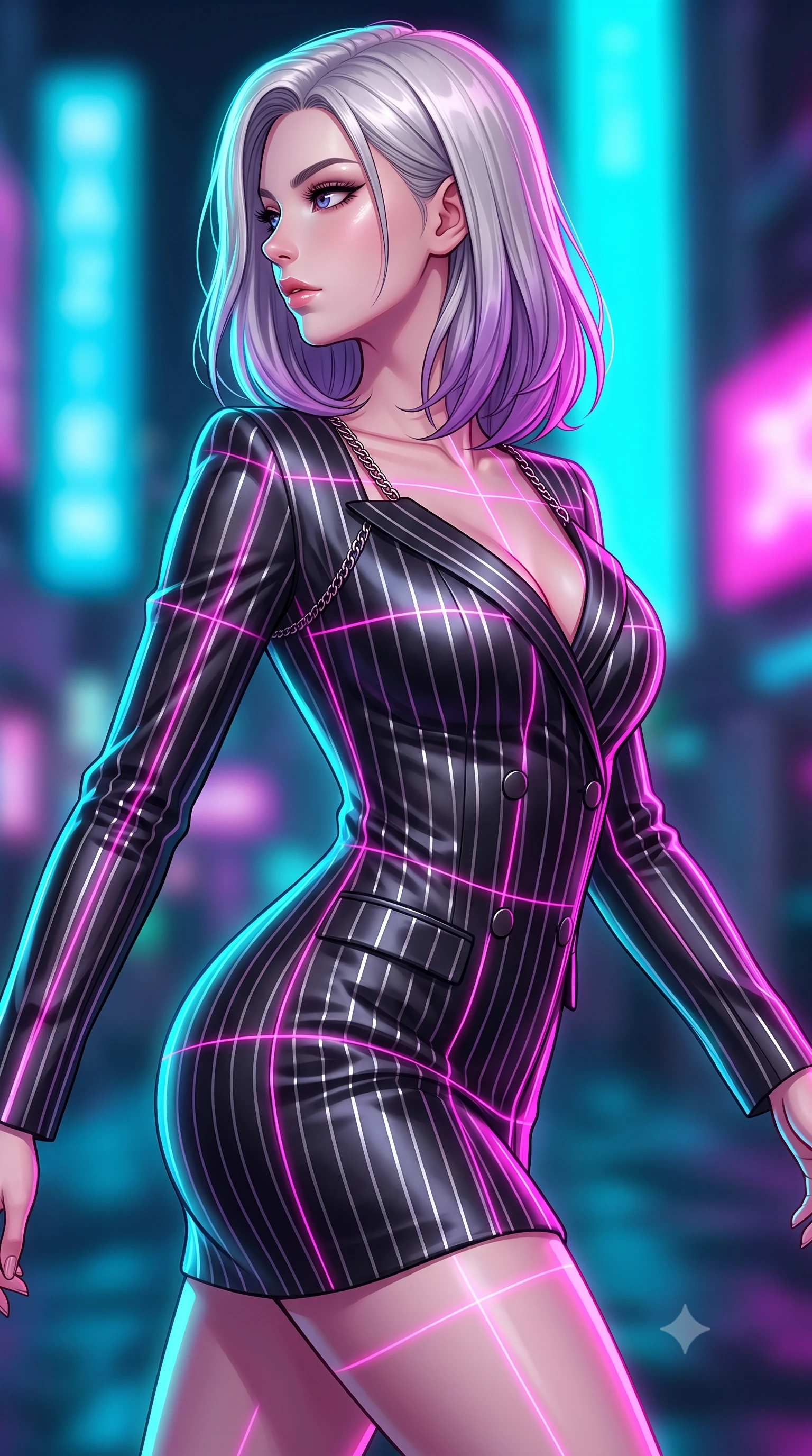 score_9, masterpiece, best quality, ultra-detailed, high-budget anime keyframe, editorial fashion photography, tasteful artistic composition, Caucasian woman. close-up cowboy shot from the waist and thighs up, the character dominates the composition, filling the frame with her large presence, background elements kept in soft focus. Turning her face in sharp profile while her upper body leans forward with poised athletic grace while pivoting in a mid-stride turn as neon magenta laser lines trace her statuesque curves, laser lines casting precise geometric grid highlights on her athletic form. She has an exceptionally elegant, slender, and willowy female figure with an ultra-slim waist, a gracefully sculpted slender torso, and a refined silhouette. sharp v-shaped jawline, high-bridge nose, intricate jewel-like eyes with depth, thick eyelashes, glossy lips with a natural sheen, flawlessly proportioned anatomical accuracy, natural body alignment, perfectly sculpted elegant limbs, clean dynamic posture without body distortion. wearing a double-breasted blazer dress with subtle metallic pin-stripes in matte black and polished silver, crafted from lustrous satin jersey with fluid draping, adorned with delicate metallic chain straps along the neckline, the tailored fabric tightly following every curve of her athletic build. bathed in brilliant neon cyan and magenta rim light with clean white key light. highly saturated vibrant anime colors, detailed shading with soft gradients, rich glossy textures, high-contrast stereoscopic depth, volumetric dynamic lighting, master piece, 9:16 ratio