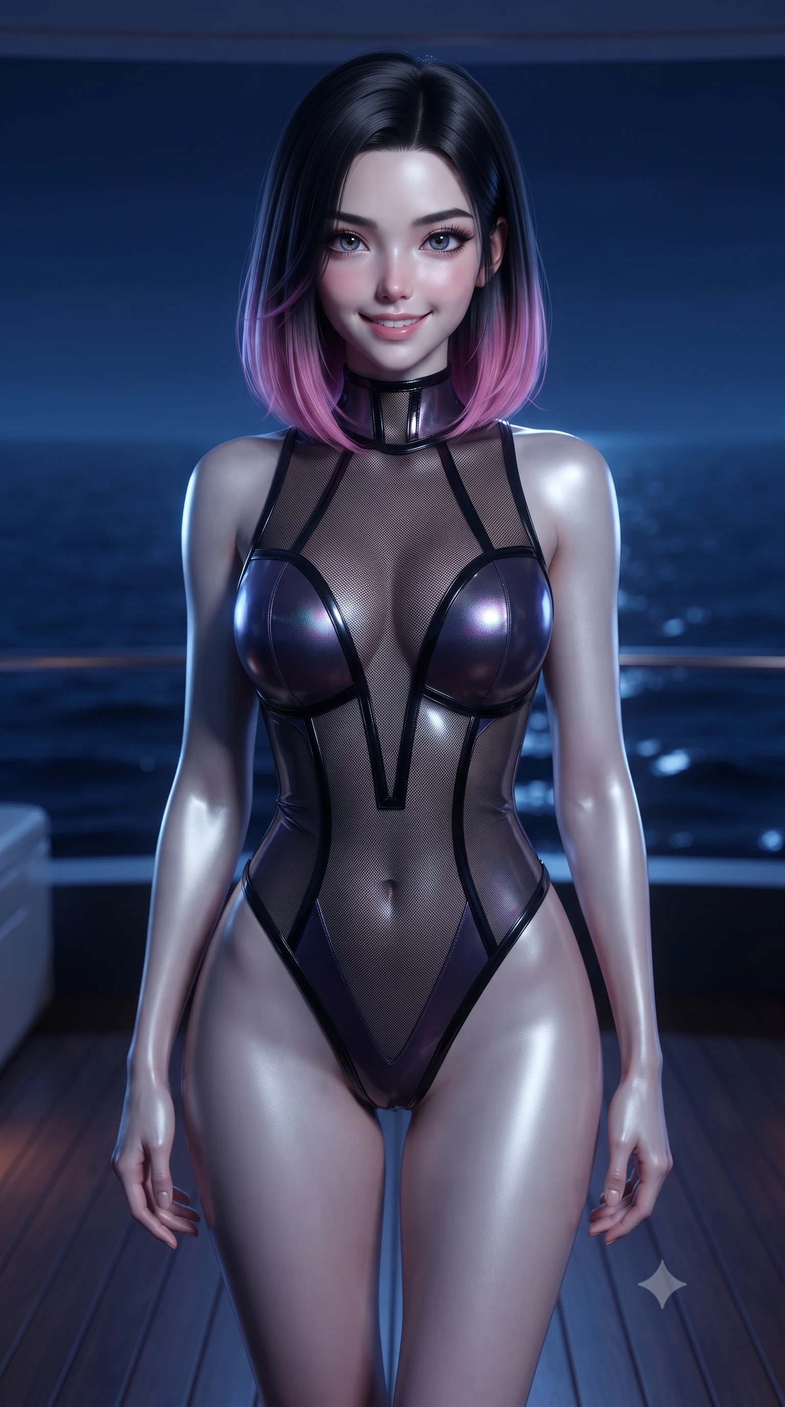 score_9, masterpiece, best quality, ultra-detailed, high-budget anime keyframe, editorial fashion photography, tasteful artistic composition, Korean woman. close-up cowboy shot from the waist and thighs up, the character dominates the composition, filling the frame with her large presence, background elements kept in soft focus. Smiling with quiet, magnetic self-assurance directly into the camera, standing in the master suite of a private superyacht with panoramic ocean views, dark blue nocturnal ocean forming an endless horizon in soft focus. She has an exceptionally elegant, slender, and willowy female figure with an ultra-slim waist, a gracefully sculpted slender torso, and a refined silhouette. sharp v-shaped jawline, high-bridge nose, intricate jewel-like eyes with depth, thick eyelashes, glossy lips with a natural sheen. wearing translucent liquid acrylic splash bodysuit with semi-opaque dark mesh in pitch-black onyx, made of iridescent dark violet taffeta, adorned with minimalist black onyx hardware framing the silhouette, contouring every curve with an exceptionally elegant silhouette. bathed in dramatic nocturnal blue and silver contrast lighting. ultra-reflective glossy finish, specular highlights, metallic sheen, high-contrast stereoscopic depth, volumetric dynamic lighting, 2k, ultra detail, master piece, 9:16 ratio