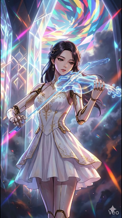 A cinematic 8-second video of an elegant cyborg woman playing a translucent, glowing blue violin. The violin strings emit soft digital particles with every bow stroke. The background is a magnificent crystal cathedral with vibrant light refractions a