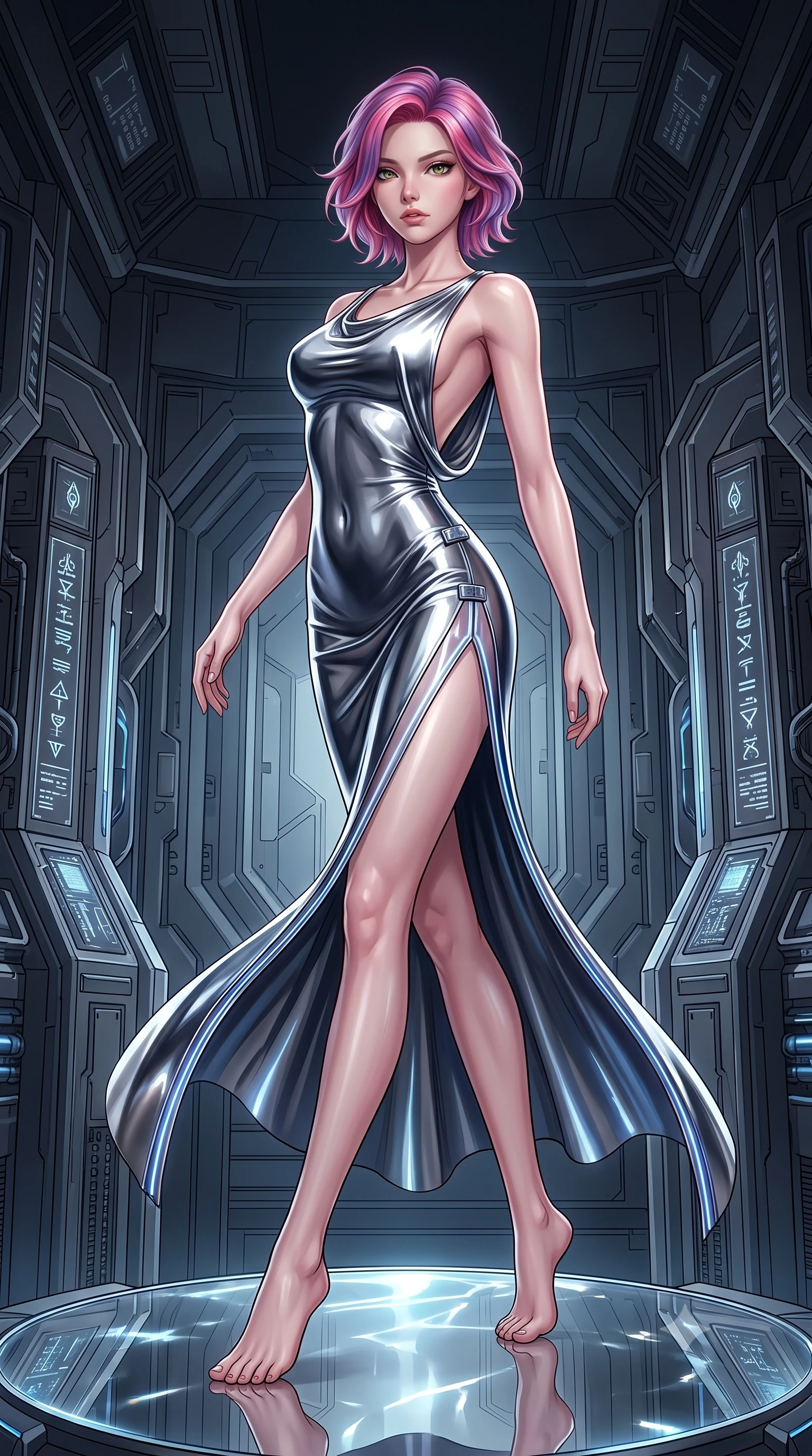 score_9, masterpiece, best quality, ultra-detailed, high-budget anime keyframe, editorial fashion photography, tasteful artistic composition, Caucasian woman. low angle full-body shot from head to toe showing her feet, filling the entire 9:16 vertical frame with her statuesque presence, stretching her vertical silhouette. arching her spine in a fluid zero-gravity turn with sovereign grace, her long slender legs and sculpted torso creating a sweeping line while stretching forward with an alluring S-curve silhouette on a floating mirror dais catching intense caustic reflections. The surrounding environment is rendered in vivid detail and crisp panoramic clarity. deep environmental chiaroscuro and sacred technological sanctuary architecture rendered with precision. She has an absolutely perfect, statuesque 8.5-heads proportion, an exceptionally tall and slender model-like female figure with impossibly long slender legs, a toned flat midriff, and an ultra-slim waist. sharp v-shaped jawline, high-bridge nose, intricate jewel-like eyes with depth, thick eyelashes, glossy lips with a natural sheen, flawlessly proportioned anatomical accuracy, strict slender model proportions, natural body alignment, perfectly sculpted long slender limbs, ultra-slim waistline, clean dynamic posture without body distortion. wearing a precision-fitted liquid jersey bodycon gown in radiant chrome and white, featuring an open cowl back and high side slit in liquid platinum silver and deep sapphire blue LED filaments, tailored from semi-translucent cybernetic vinyl with glowing micro-filaments, finished with an ultra-high side slit secured by miniature magnetic clasps, the liquid-tight tailored fabric emphasizing every curve of her tall, slender model proportions and sculptured silhouette during dynamic movement. surrounded by an opulent, mystical, and sacredly sensual android goddess ambiance. ultra-reflective glossy finish, specular highlights, dark metallic sheen, high-contrast stereoscopic depth, volumetric dynamic lighting, 2k, ultra detail, master piece, 9:16 ratio