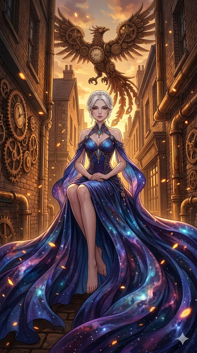 score_9, masterpiece, best quality, ultra-detailed, Set A: High-budget Anime Keyframe, Korean woman. Low angle cowboy shot filling the entire 9:16 frame with her statuesque presence. Theme: Urban Decay. meditating in a steampunk London alleyway, whil