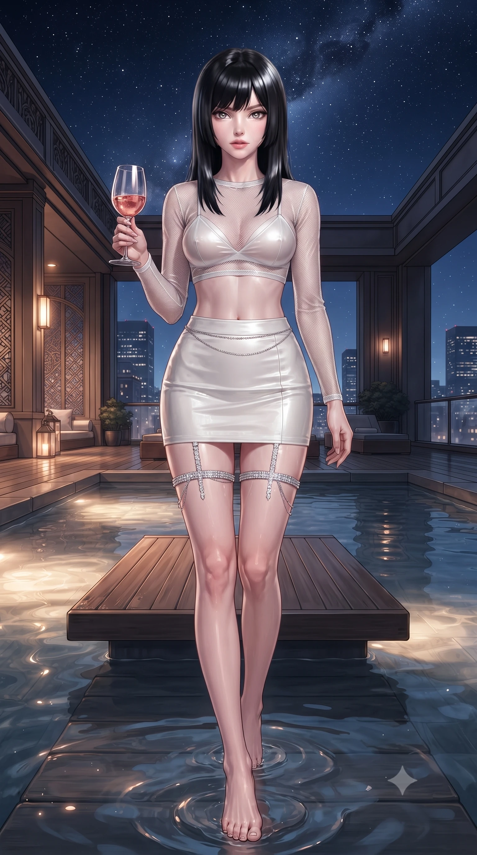 score_9, masterpiece, best quality, ultra-detailed, high-budget anime keyframe, editorial fashion photography, tasteful artistic composition, Caucasian woman. low angle full-body shot from head to toe showing her feet, filling the entire 9:16 vertical frame with her statuesque presence, stretching her vertical silhouette. stepping slowly toward the camera with hypnotic grace, hips swaying in an alluring sensual rhythm that accentuates her curvy hourglass silhouette and long slender legs while sitting gracefully on the submerged wooden bench with water up to her waist, holding a glass of rosé while casting a flirtatious bedroom-gaze. The surrounding environment is rendered in vivid detail and crisp panoramic clarity: detailed wet-look garment cling, delicate waist chain shine, and open-air rooftop deck architecture in high resolution. She has an absolutely perfect, statuesque 8.5-heads proportion, an exceptionally tall and slender model-like female figure with impossibly long slender legs, an ultra-slim waist, a flat toned midriff, narrow delicate ribcage, and beautifully sculpted feminine hips creating a graceful, slim hourglass silhouette without any bulky heaviness. sharp v-shaped jawline, high-bridge nose, sparkling eyes with hypnotic seductive depth, thick curled eyelashes, glossy parted lips with a natural dewy peach sheen, alluring bedroom-eyes with an enchanting coquettish smile, exuding magnetic siren charisma and sophisticated high-fashion glamour, flawlessly proportioned anatomical accuracy, strict slender model proportions, natural body alignment, perfectly sculpted long slender limbs, ultra-slim waistline, clean dynamic posture without body distortion. wearing a sheer mesh long-sleeve crop top over an opaque strappy micro-bralette and a sleek leatherette mini skirt in pure pearl alabaster with platinum sheen, tailored from fine ribbed modal knit with gentle elastic contouring and soft hand-feel, finished with delicate crystal-encrusted thigh garter straps glinting in the dim light, the glove-like clinging cut tightly following the natural contour of her hips and long slender legs with youthful 8.5-heads elegance. bathed in warm underwater tub LED glow combined with celestial starry night ambient fill. ultra-reflective glossy finish, specular highlights, rich textural contrasts, high-contrast stereoscopic depth, volumetric dynamic lighting, 2k, ultra detail, master piece, 9:16 ratio