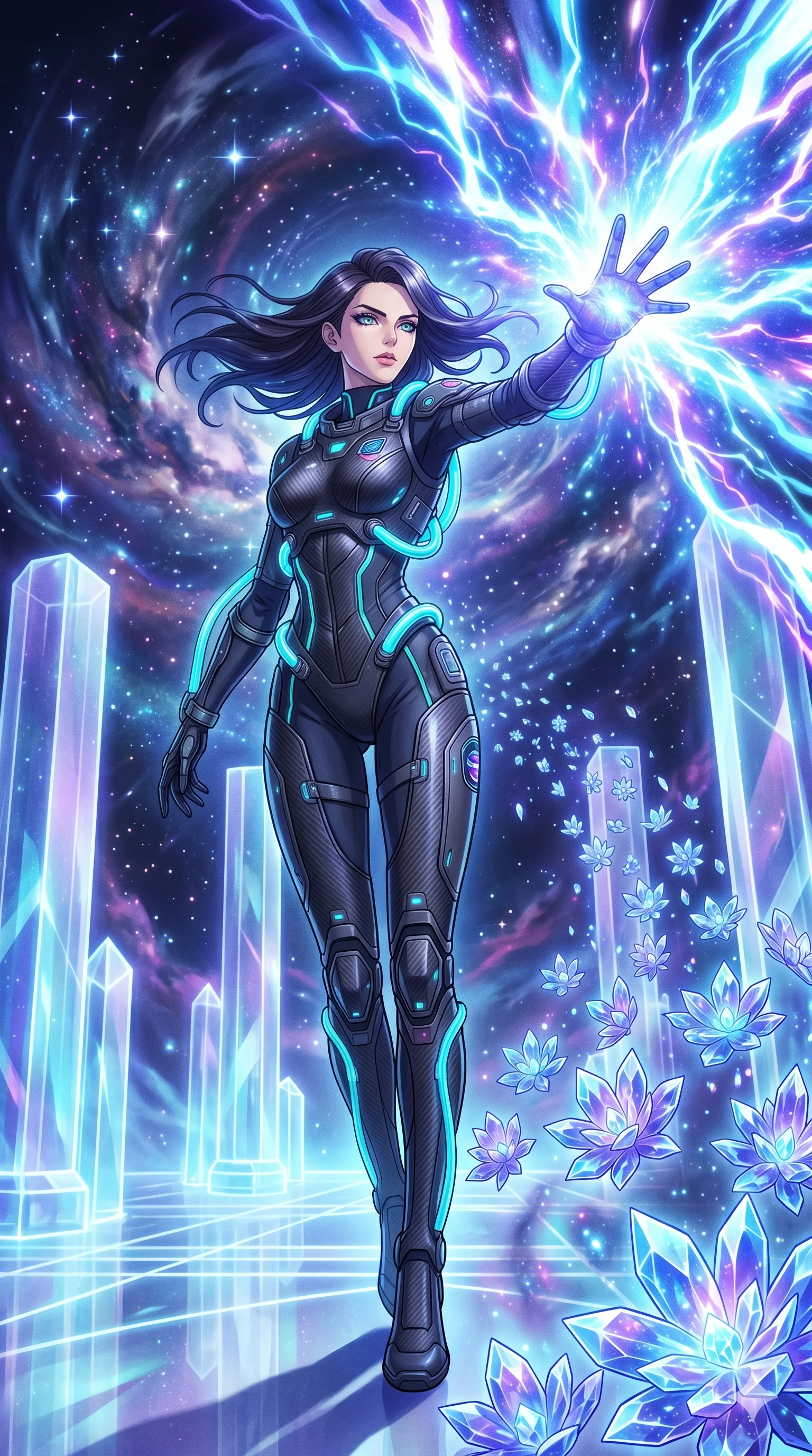 score_9, masterpiece, best quality, ultra-detailed, Set A: High-budget Anime Keyframe, Caucasian (human ears) woman. Low angle cowboy shot filling the entire 9:16 frame with her statuesque presence. Theme: Abstract Cosmic. unleashing a massive energy wave in a temple made of solid light, while she leaves a trail of 146 blooming crystal flowers. The atmosphere is filled with a swirling vortex of stars. She has an absolutely perfect 8-heads proportion, an exceptionally tall and slender female figure with impossibly long slender legs and an ultra-slim waist. Sharp v-shaped jawline, high-bridge nose, intricate jewel-like eyes with depth, glossy lips. Wearing Interstellar pilot suit with glowing oxygen-tubes and a sleek carbon-fiber frame. Cinematic lighting, vivid colors, dramatic shadows, 2k, ultra detail, master piece, 9:16 ratio