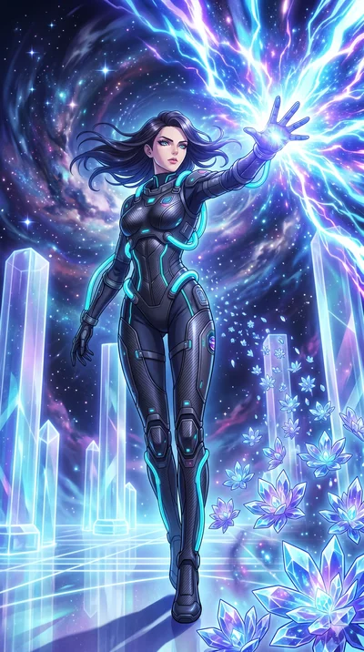 score_9, masterpiece, best quality, ultra-detailed, Set A: High-budget Anime Keyframe, Caucasian (human ears) woman. Low angle cowboy shot filling the entire 9:16 frame with her statuesque presence. Theme: Abstract Cosmic. unleashing a massive energy