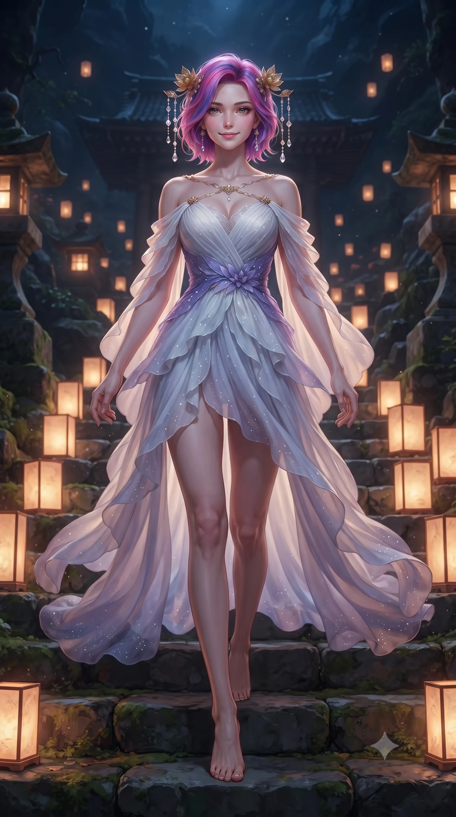 score_9, masterpiece, best quality, ultra-detailed, high-budget anime keyframe, editorial fashion photography, tasteful artistic composition, Caucasian woman. low angle full-body shot from head to toe showing her feet, filling the entire 9:16 vertical frame with her statuesque presence, stretching her vertical silhouette. striding forward in a proud, dynamic supermodel runway stride, her statuesque vertical silhouette commanding the entire frame while resting on ancient stone shrine steps surrounded by glowing paper lanterns with a serene, enchanting smile. The surrounding environment is rendered in vivid detail and crisp panoramic clarity. mystical nocturnal chiaroscuro and sacred high-altitude mountain shrine grandeur captured with sharpness. She has an absolutely perfect, statuesque 8.5-heads proportion, an exceptionally tall and slender model-like female figure with impossibly long slender legs, a toned flat midriff, and an ultra-slim waist. sharp v-shaped jawline, high-bridge nose, intricate jewel-like eyes with depth, thick eyelashes, glossy lips with a natural sheen, captivating and magnetic expression, flawlessly proportioned anatomical accuracy, strict slender model proportions, natural body alignment, perfectly sculpted long slender limbs, ultra-slim waistline, clean dynamic posture without body distortion. wearing a celestial lotus-inspired layered chiffon gown with an exposed clavicle bodice in celestial opal white and stardust violet, crafted from sheer cascading chiffon that ripples like water, finished with delicate golden lotus hairpins and dangling crystal beads, the form-contouring material adhering flawlessly to her sculpted flat midriff and slender torso, emphasizing her long leg lines and perfectly proportioned willowy build. surrounded by a divine, mystical, and spiritually transcendent shrine maiden sovereign aura. ultra-reflective glossy finish, specular highlights, rich textural contrasts, high-contrast stereoscopic depth, volumetric dynamic lighting, 2k, ultra detail, master piece, 9:16 ratio