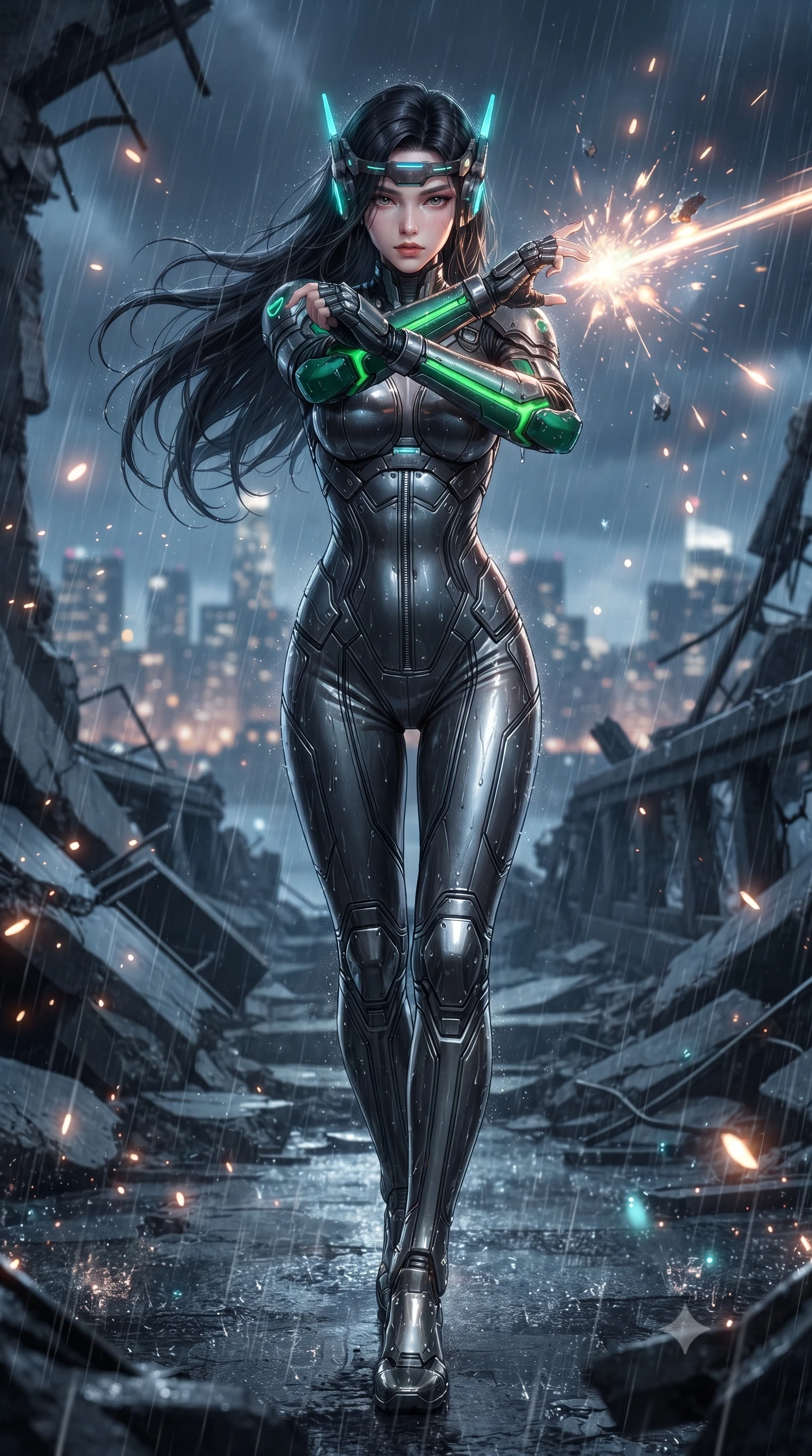 score_9, masterpiece, best quality, ultra-detailed, high-budget anime keyframe, editorial fashion photography, tasteful artistic composition, Korean woman. low angle full-body shot from head to toe showing her feet, filling the entire 9:16 vertical frame with her statuesque presence, stretching her vertical silhouette. striding forward with sovereign warrior elegance in a low, predatory combat advance through the ruins, hips swaying with fierce athletic poise while pivoting dynamically as gale-force winds and torrential rain whip across the bridge, parrying an incoming blast with cross-armed guard. The composition keeps background elements in soft focus with creamy bokeh. sparkling rain streaks and drone explosion fragments scattering glowing light motes across a grand skyline. She has an absolutely perfect, statuesque 8.5-heads proportion, an exceptionally tall and slender model-like female figure with impossibly long slender legs, a toned flat midriff, and an ultra-slim waist. sharp v-shaped jawline, high-bridge nose, intricate jewel-like eyes with depth, thick eyelashes, glossy lips with a natural sheen, fierce and resolute heroine expression, flawlessly proportioned anatomical accuracy, strict slender model proportions, natural body alignment, perfectly sculpted long slender limbs, ultra-slim waistline, clean dynamic posture without body distortion. wearing a lightweight carbon-fiber tactical sensory headpiece with glowing cyan ear-antennae and an ultra-thin forehead HUD brow-band, paired with a tailored tactical combat jumpsuit with an open-back harness design, reinforced composite breastplate, and high-mobility elbow dampers in toxic emerald green carbon composite with glowing lime warning channels, made of lightweight aerodynamic carbon-titanium alloy with precision-beveled armor seams, detailed with kinetic shock-dampening knuckle guards and polished chrome connection joints, the form-contouring material adhering flawlessly to her sculpted flat midriff and slender torso, emphasizing her long leg lines and perfectly proportioned willowy build. surrounded by an elevated, supreme, and breathtakingly courageous high-altitude defender aura. ultra-reflective glossy finish, specular highlights, dark metallic sheen, high-contrast stereoscopic depth, volumetric dynamic lighting, 2k, ultra detail, master piece, 9:16 ratio