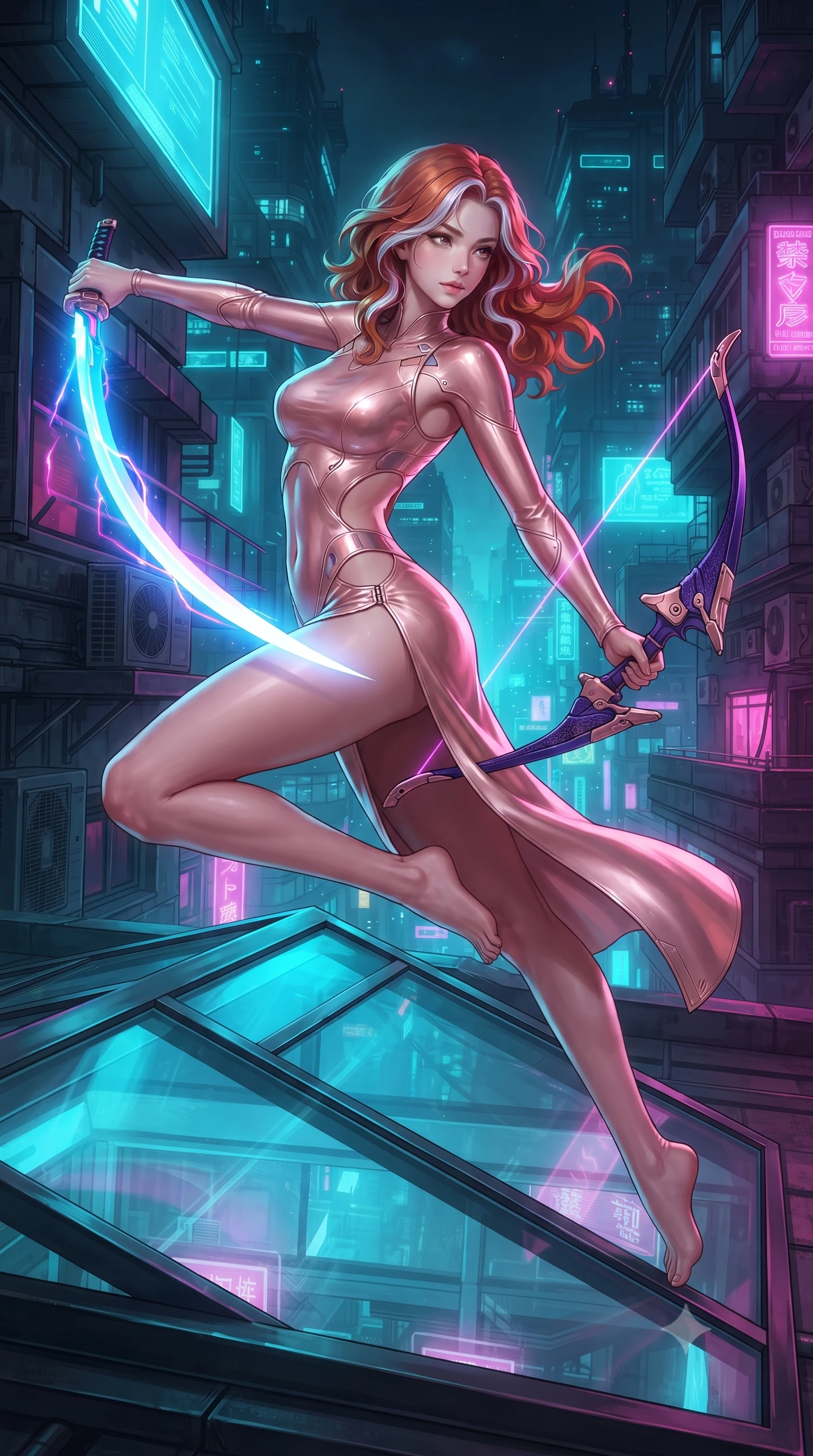 score_9, masterpiece, best quality, ultra-detailed, high-budget anime keyframe, editorial fashion photography, tasteful artistic composition, Caucasian woman. close-up cowboy shot from the waist and thighs up, the character dominates the composition, filling the frame with her large presence. stretching forward with an alluring arch of her spine, glancing over her shoulder with divine self-assurance and magnetic intensity while leaping gracefully across a rooftop glass skylight with plasma katana extended, creating a brilliant arc of electric light. The surrounding environment is rendered in vivid detail and crisp panoramic clarity. high-contrast tactical chiaroscuro and atmospheric cyberpunk urban textures captured with precision. She has an exceptionally elegant, slender, and willowy female figure with an ultra-slim waist, a gracefully sculpted slender torso, toned flat midriff, and a refined slim silhouette. sharp v-shaped jawline, high-bridge nose, intricate jewel-like eyes with depth, thick eyelashes, glossy lips with a natural sheen, flawlessly proportioned anatomical accuracy, strict slender model proportions, natural body alignment, perfectly sculpted long slender limbs, ultra-slim waistline, clean dynamic posture without body distortion. wearing a form-fitting luminous rose-gold carbon combat gown with tactical side slits, wielding a floating magnetic energy bow with celestial poise in royal purple carbon fiber with rose-gold hardware and clasps, crafted from ultra-strong woven carbon-fiber composite with a satin luster, finished with high-mobility articulation joints and miniature magnetic armor locks, the precision-cut daring openings accentuating her delicate midriff, graceful bare collarbones, and ultra-slim feminine waistline. bathed in vivid high-contrast neon cyan and magenta city backlighting with electric blade glow. ultra-reflective glossy finish, specular highlights, dark metallic sheen, high-contrast stereoscopic depth, volumetric dynamic lighting, 2k, ultra detail, master piece, 9:16 ratio