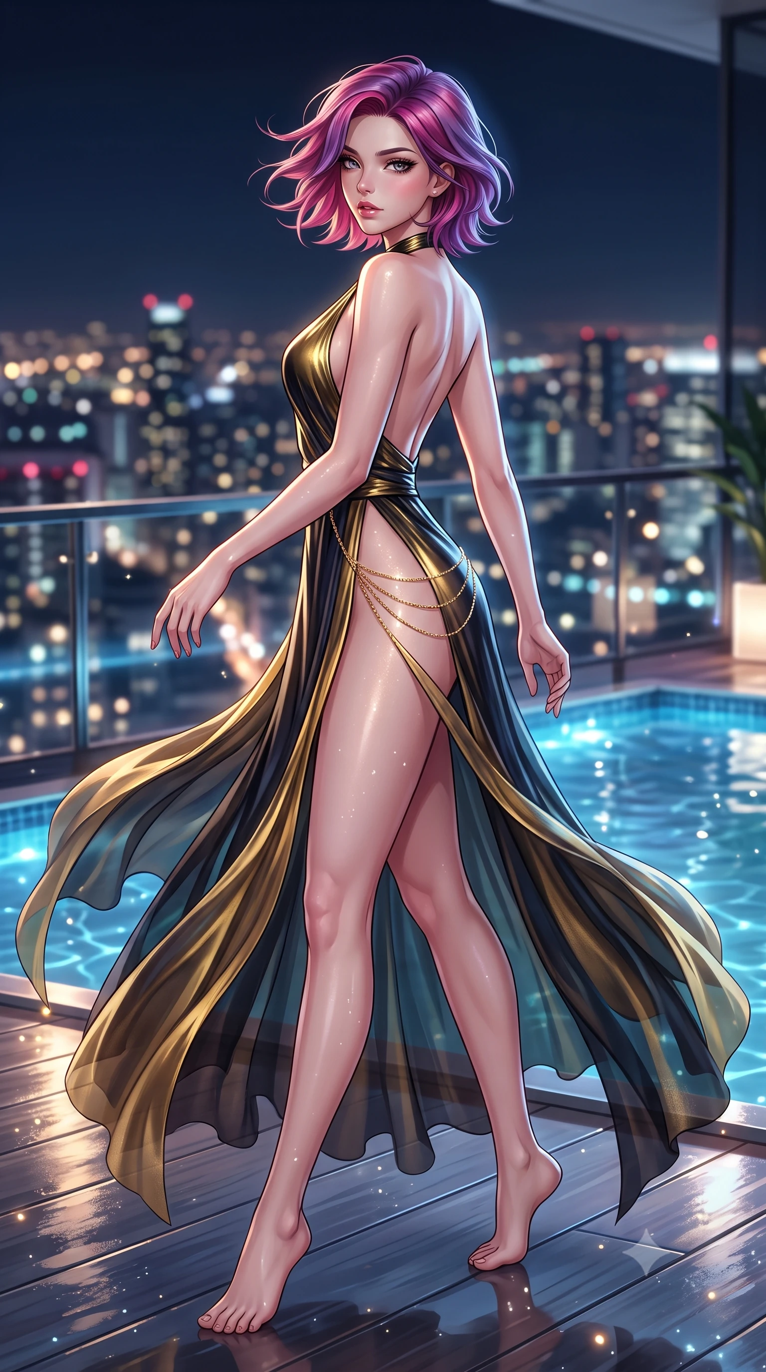 score_9, masterpiece, best quality, ultra-detailed, high-budget anime keyframe, semi-realistic 3D game render, editorial fashion photography, tasteful artistic composition, Caucasian woman. low angle full-body shot from head to toe showing her feet, filling the entire 9:16 vertical frame with her statuesque presence, stretching her vertical silhouette. executing an elegant mid-motion pivot turn as garments swirl around her slender limbs, glancing over her shoulder with an intoxicating bedroom-gaze while pivoting gracefully on the polished balcony deck with hips shifted in a pronounced contrapposto stance, parted glossy lips reflecting city neon. The composition keeps background elements in soft focus with creamy bokeh. shimmering pool caustics and city light reflections scattering radiant light motes across the deck. She has an absolutely perfect, statuesque 8.5-heads proportion, an exceptionally tall and slender model-like female figure with impossibly long slender legs, a toned flat midriff, an ultra-slim waist, and beautifully sculpted feminine hips. sharp v-shaped jawline, high-bridge nose, intricate jewel-like eyes with depth, thick eyelashes, glossy parted lips with a natural sheen, intensely captivating and seductive bedroom-eyes expression, flawlessly proportioned anatomical accuracy, strict slender model proportions, natural body alignment, perfectly sculpted long slender limbs, ultra-slim waistline, clean dynamic posture without body distortion. wearing a halter-neck liquid metallic gown with open side slits ascending to the high hip in midnight obsidian black and liquid gold, woven from layered gossamer chiffon with a weightless sweeping drape, complemented by a delicate gold hip chain catching the ambient city reflections, the liquid-tight tailored fabric clinging flawlessly to her narrow waist and rounded feminine hips, emphasizing every millimeter of her sculpted hourglass curves during movement. illuminated by crisp directional edge lights sharply sculpting her slender waist and curvy feminine hips. highly saturated vibrant anime colors, detailed shading with soft gradients, rich glossy textures, high-contrast stereoscopic depth, volumetric dynamic lighting, master piece, 9:16 ratio