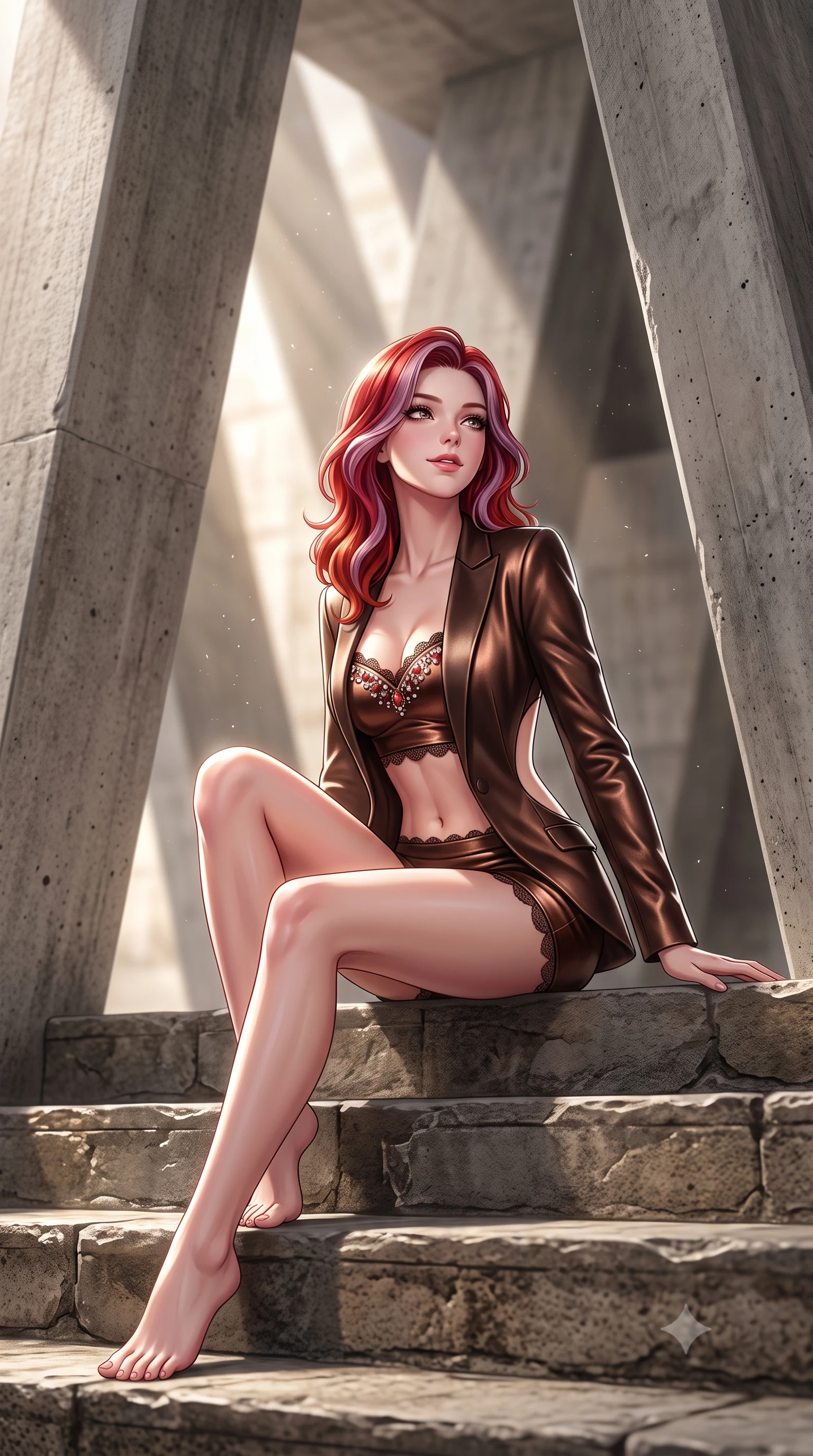score_9, masterpiece, best quality, ultra-detailed, high-budget anime keyframe, semi-realistic 3D game render, editorial fashion photography, tasteful artistic composition, Caucasian woman. low angle full-body shot from head to toe showing her feet, filling the entire 9:16 vertical frame with her statuesque presence, stretching her vertical silhouette. sitting poised on the stone steps with one knee bent, arching her spine with supermodel elegance as she glances upward through thick eyelashes while standing between massive angled raw concrete pillars, arching her lower back with dramatic high-fashion contrast against the stone. The background shows a soft-focus diagonal sunlight wedges softened in architectural monumentality shallow focus. She has an absolutely perfect, statuesque 8.5-heads proportion, an exceptionally tall and slender model-like female figure with impossibly long slender legs, an ultra-slim waist, a flat toned midriff, narrow delicate ribcage, and beautifully sculpted feminine hips creating a graceful, slim hourglass silhouette without any bulky heaviness. sharp v-shaped jawline, high-bridge nose, sparkling eyes with hypnotic seductive depth, thick curled eyelashes, glossy parted lips with a natural dewy peach sheen, alluring bedroom-eyes with an enchanting coquettish smile, exuding magnetic siren charisma and sophisticated glamour, flawlessly proportioned anatomical accuracy, strict slender model proportions, natural body alignment, perfectly sculpted long slender limbs, ultra-slim waistline, clean dynamic posture without body distortion. wearing a tailored open-front minimal smoking blazer worn over a jewel-embellished bandeau and micro-shorts in sultry espresso bronze and metallic copper with velvet sheen, woven from buttery-soft stretch lambskin leather adhering to her body like a second skin, finished with scalloped eyelash lace trim framing her sweetheart neckline with intimate elegance, the precision-cut side openings and low-back scoop framing her graceful spine and the sensual sweep of her slim, toned hips. illuminated by concrete bounce fill and sharp platinum-white rim lights sculpting her jawline, flat midriff, and curvaceous hips. highly saturated vibrant anime colors, detailed shading with soft gradients, rich glossy textures, high-contrast stereoscopic depth, volumetric dynamic lighting, master piece, 9:16 ratio