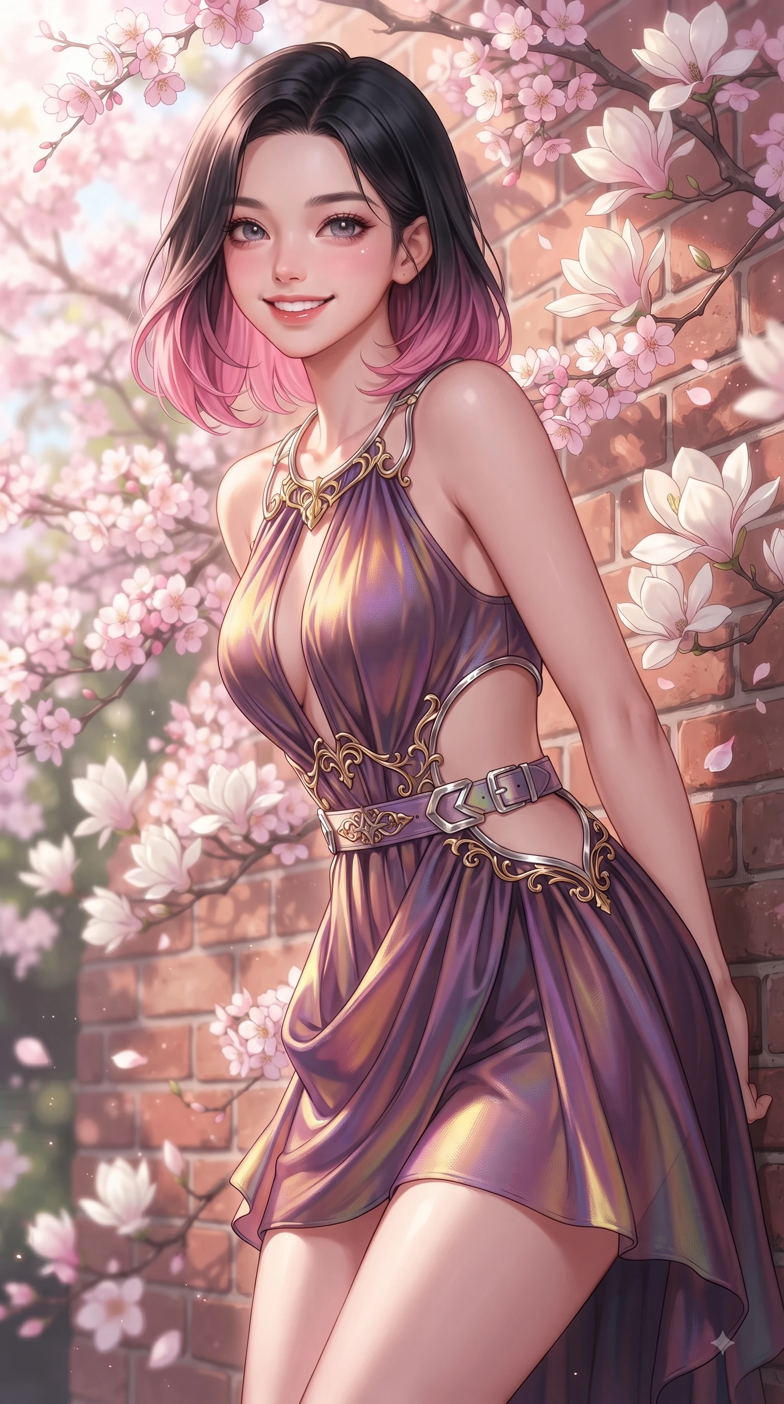 score_9, masterpiece, best quality, ultra-detailed, high-budget anime keyframe, editorial fashion photography, tasteful artistic composition, Korean woman. close-up cowboy shot from the waist and thighs up, the character dominates the composition, filling the frame with her large presence, background elements kept in soft focus. Cheerful beaming smile with sparkling eyes and a fresh girlhood aura, leaning forward with playful grace while resting against an antique brick school wall covered in spring blossoms with a beaming face, bright spring sunbeams illuminating the scene in soft pastel pink and gold tones. She has an exceptionally elegant, slender, and willowy female figure with an ultra-slim waist, a gracefully sculpted slender torso, and a refined silhouette. sharp v-shaped jawline, high-bridge nose, intricate jewel-like eyes with depth, thick eyelashes, glossy lips with a natural sheen, flawlessly proportioned anatomical accuracy, natural body alignment, perfectly sculpted elegant limbs, clean dynamic posture without body distortion. wearing a dramatic open-waist cutout mini dress framed by sculptural hardware in plum purple and gold filigree, crafted from iridescent chiffon that shifts colors in the light, detailed with polished silver buckles along the waistline, the elegant draped fit framing her graceful clavicle and slender torso. surrounded by a fresh, sweet, and nostalgic spring school atmosphere. ultra-reflective glossy finish, specular highlights, metallic sheen, high-contrast stereoscopic depth, volumetric dynamic lighting, 2k, ultra detail, master piece, 9:16 ratio