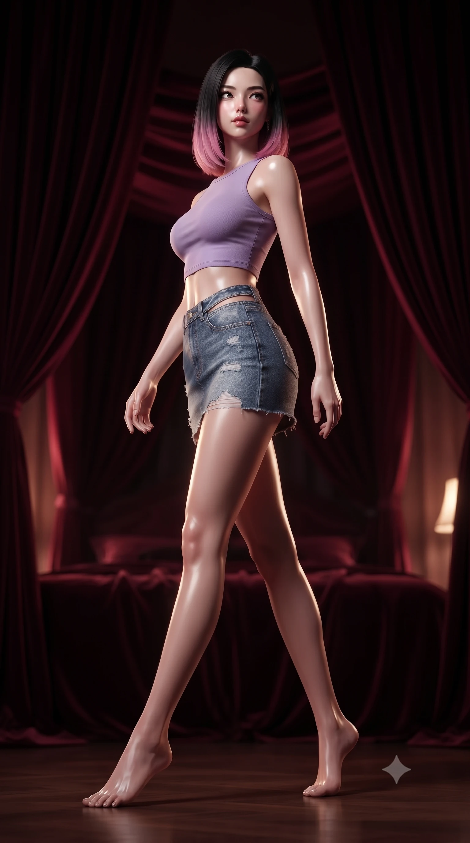 score_9, masterpiece, best quality, ultra-detailed, high-budget anime keyframe, editorial fashion photography, tasteful artistic composition, Korean woman woman. low angle full-body shot from head to toe showing her feet, filling the entire 9:16 vertical frame with her statuesque presence, stretching her vertical silhouette. stepping gracefully while looking back over her shoulder, her dress draped tightly to reveal her silhouette the background shows a soft-focus a dimly lit private boudoir draped in dark crimson velvet and silk canopy sheets. She has an absolutely perfect, statuesque 8.5-heads proportion, an exceptionally tall and slender model-like female figure with impossibly long slender legs and an ultra-slim waist. sharp v-shaped jawline, high-bridge nose, intricate jewel-like eyes with depth, thick eyelashes, glossy lips with a natural sheen. wearing a body-hugging modern crop top in lavender cotton paired with a low-rise denim skirt and a subtle waist cut-out. soft glowing ambient light tracing her statuesque posture. ultra-reflective glossy finish, specular highlights, metallic sheen, high-contrast stereoscopic depth, volumetric dynamic lighting, 2k, ultra detail, master piece, 9:16 ratio