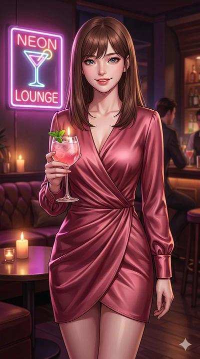 score_9, masterpiece, best quality, ultra-detailed, high-budget anime keyframe, editorial fashion photography, tasteful artistic composition, Korean woman. Upper body close-up from the thighs up, character filling the screen for maximum presence. Sta