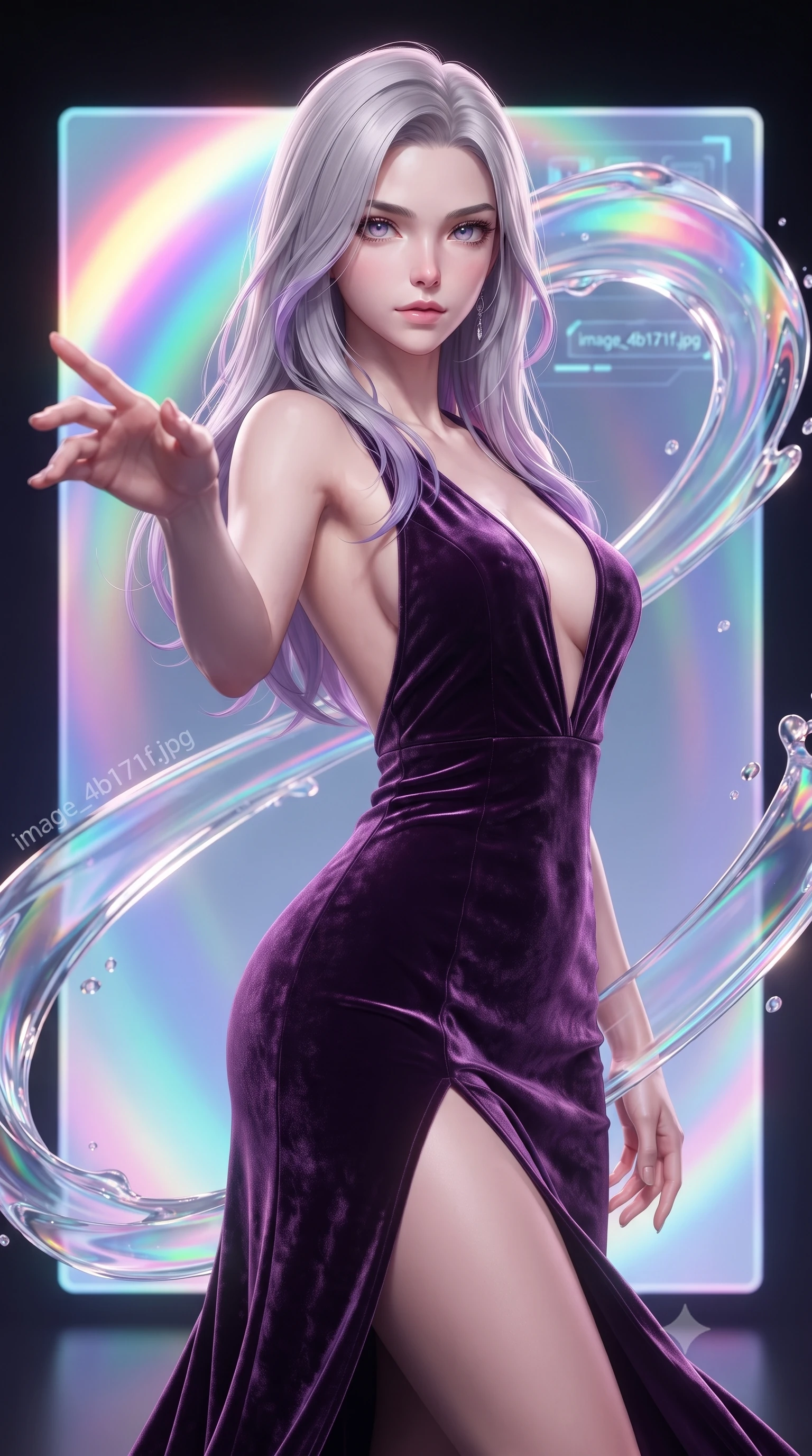score_9, masterpiece, best quality, ultra-detailed, high-budget anime keyframe, editorial fashion photography, tasteful artistic composition, Caucasian woman. close-up cowboy shot from the waist and thighs up, the character dominates the composition, filling the frame with her large presence, background elements kept in soft focus. Reaching one hand gracefully toward the viewer with effortless superiority and allure poised before a giant holographic canvas emitting luminous color arcs, translucent liquid acrylic trails creating dynamic motion paths. She has an exceptionally elegant, slender, and willowy female figure with an ultra-slim waist, a gracefully sculpted slender torso, and a refined silhouette. sharp v-shaped jawline, high-bridge nose, intricate jewel-like eyes with depth, thick eyelashes, glossy lips with a natural sheen. wearing a backless crushed velvet gown with a deep plunging V-neckline and a high thigh slit, the sleek second-skin texture accentuating her magnetic presence. bathed in high-contrast vibrant studio lighting with sharp specular highlights. ultra-reflective glossy finish, specular highlights, metallic sheen, high-contrast stereoscopic depth, volumetric dynamic lighting, 2k, ultra detail, master piece, 9:16 ratio