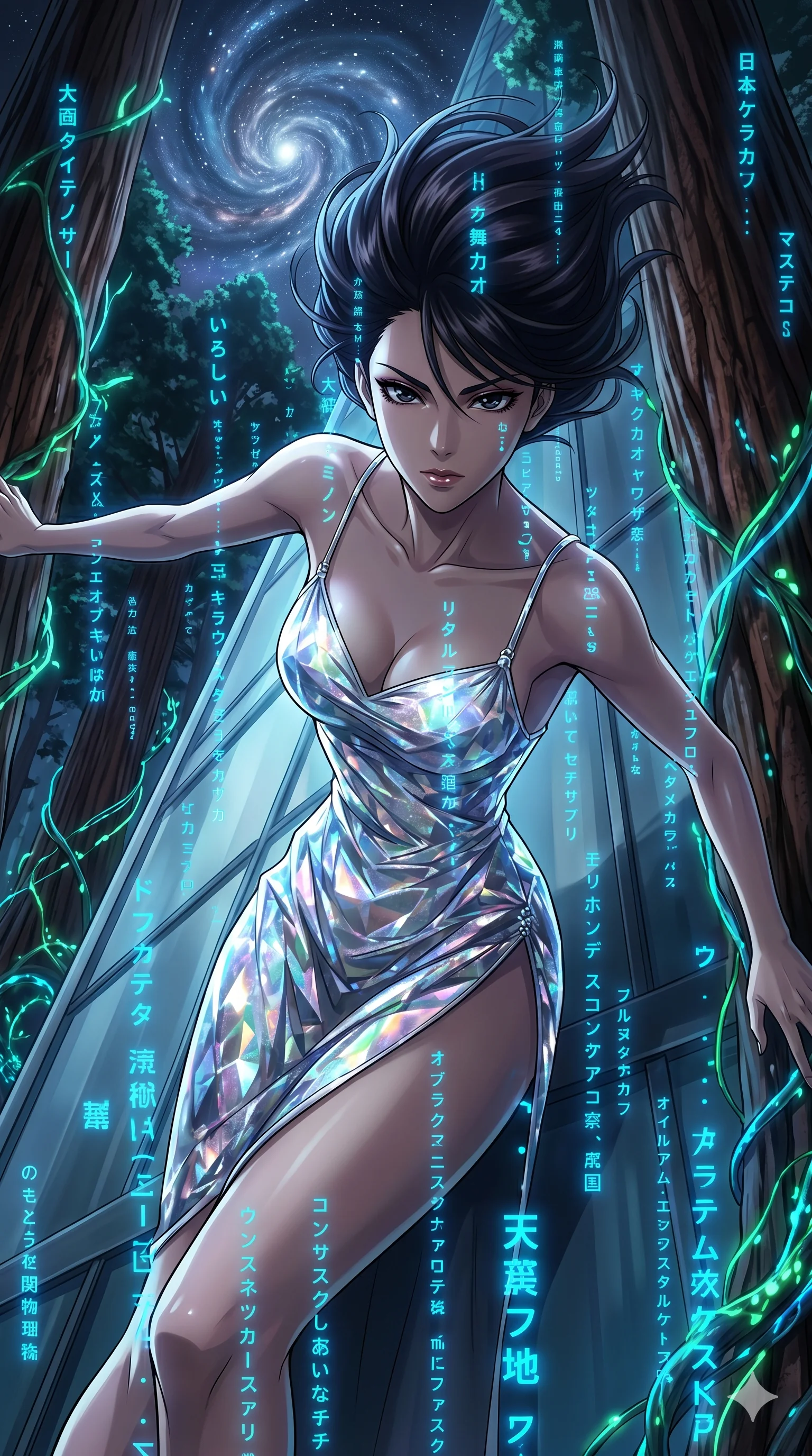 score_9, masterpiece, best quality, ultra-detailed, Set A: High-budget Anime Keyframe, Japanese woman. Upper body close-up from the thighs up, character filling the screen for maximum presence. Theme: Primal Nature. sliding down a glass skyscraper in a giant redwood forest with glowing vines, as a digital rain of 107 symbols washes over her. The atmosphere is filled with a swirling vortex of stars. She has an absolutely perfect 8-heads proportion, an exceptionally tall and slender female figure with impossibly long slender legs and an ultra-slim waist. Sharp v-shaped jawline, high-bridge nose, intricate jewel-like eyes with depth, glossy lips. Wearing Liquid-diamond texture dress with an impossibly high side slit and silver straps. Cinematic lighting, vivid colors, dramatic shadows, 2k, ultra detail, master piece, 9:16 ratio