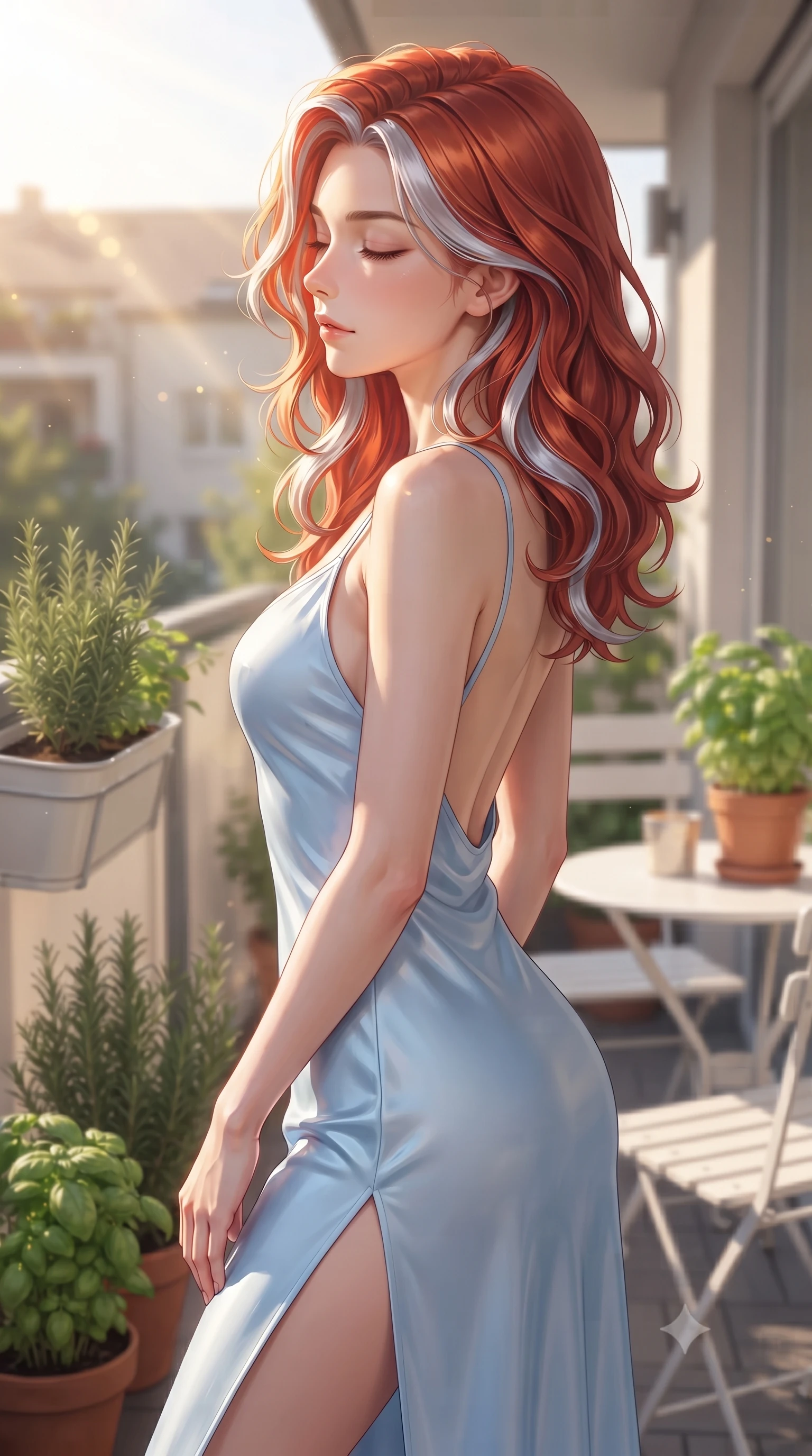 score_9, masterpiece, best quality, ultra-detailed, high-budget anime keyframe, editorial fashion photography, tasteful artistic composition, Caucasian woman woman. close-up cowboy shot from the waist and thighs up, the character dominates the composition, filling the frame with her large presence, background elements kept in soft focus. turning her face in profile to catch the warm sunlight on her cheek, eyes softly closed the background shows a soft-focus a residential balcony decorated with potted herbs and a small white bistro set. She has an exceptionally elegant, slender, and willowy female figure with an ultra-slim waist, a gracefully sculpted slender torso, and a refined silhouette. sharp v-shaped jawline, high-bridge nose, intricate jewel-like eyes with depth, thick eyelashes, glossy lips with a natural sheen. wearing a form-contouring lightweight silk slip dress in baby blue with a high side slit and a low-cut back. bright morning sun rays creating a fresh and energetic mood. ultra-reflective glossy finish, specular highlights, metallic sheen, high-contrast stereoscopic depth, volumetric dynamic lighting, 2k, ultra detail, master piece, 9:16 ratio