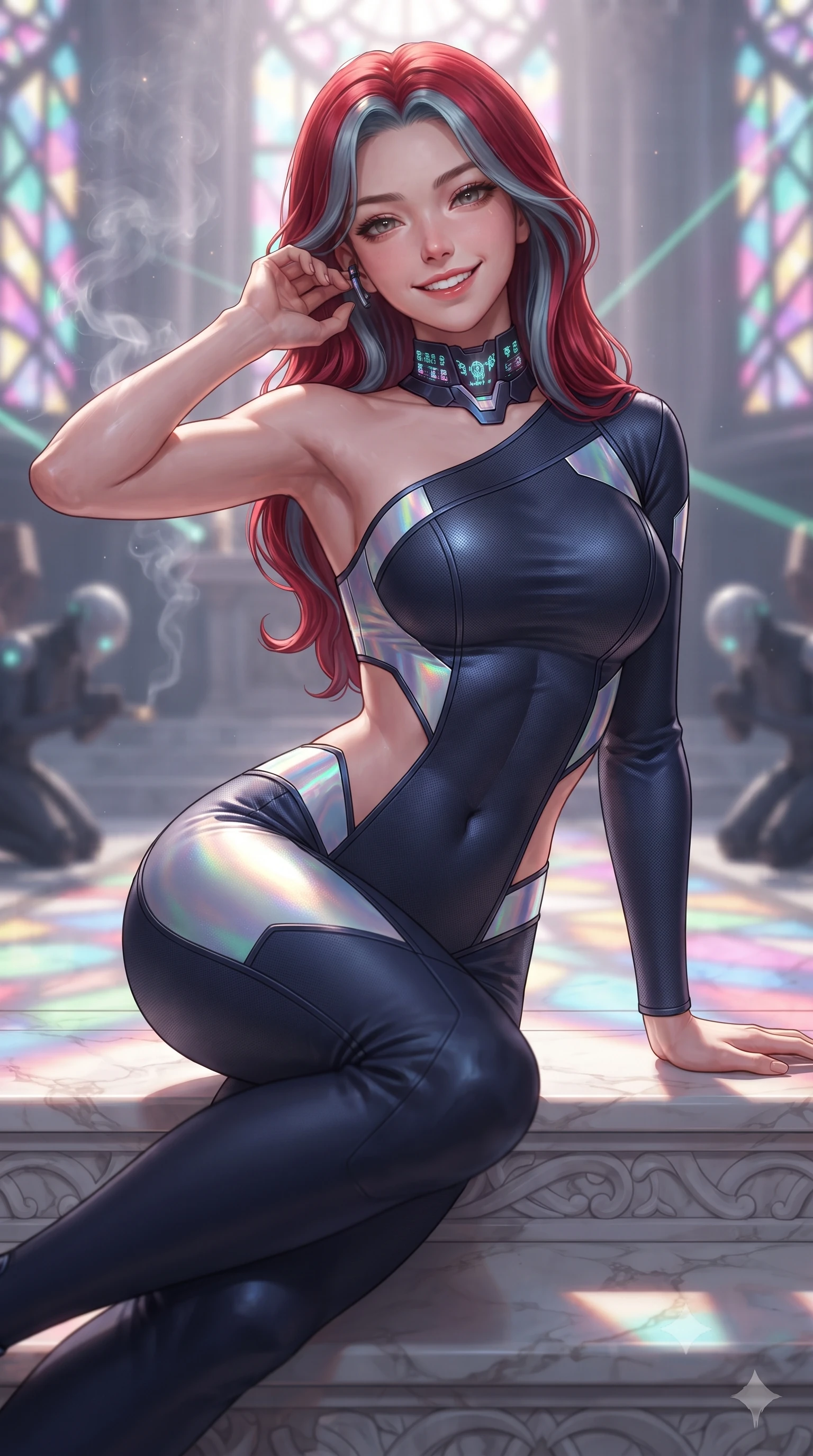 score_9, masterpiece, best quality, ultra-detailed, high-budget anime keyframe, editorial fashion photography, tasteful artistic composition, Caucasian woman. close-up cowboy shot from the waist and thighs up, the character dominates the composition, filling the frame with her large presence. tilting her head with a captivating smile while arching her spine with dancer poise, one hand adjusting her ear comm-link in a flirtatious S-curve while lounging gracefully on the carved marble altar steps, her long slender legs and hourglass curves commanding the high-tech sanctuary. The background shows a soft-focus incense smoke curling through laser beams and kneeling drone acolytes softened in transcendent techno-religious shallow focus. She has an exceptionally elegant, slender, and willowy female figure with an ultra-slim waist, flat toned midriff, narrow ribcage, and sculpted feminine hips creating an alluring, slim hourglass silhouette without bulk. sharp v-shaped jawline, high-bridge nose, intricate jewel-like sparkling eyes with depth, thick eyelashes, glossy parted lips with a natural sheen, bright confident smile with an enchanting and coquettish sensual glint, exuding both youthful magnetic charm and sovereign high-tech allure, flawlessly proportioned anatomical accuracy, strict slender model proportions, natural body alignment, perfectly sculpted long slender limbs, ultra-slim waistline, clean dynamic posture without body distortion. wearing an asymmetric one-shoulder combat catsuit with carbon-weave paneling and an open-waist architecture emphasizing her hips in midnight navy blue and holographic iridescent shimmer, crafted from lightweight aerodynamic matte carbon-fiber weave with structural stiffness, complemented by a high-tech holographic choker projecting miniature glyphs, the aerodynamic second-skin silhouette tightly following the natural contour of her hips and long slender legs with youthful 8.5-heads elegance. bathed in majestic stained-glass laser light cascading through towering digital rose windows. ultra-reflective glossy finish, specular highlights, rich textural contrasts, high-contrast stereoscopic depth, volumetric dynamic lighting, 2k, ultra detail, master piece, 9:16 ratio