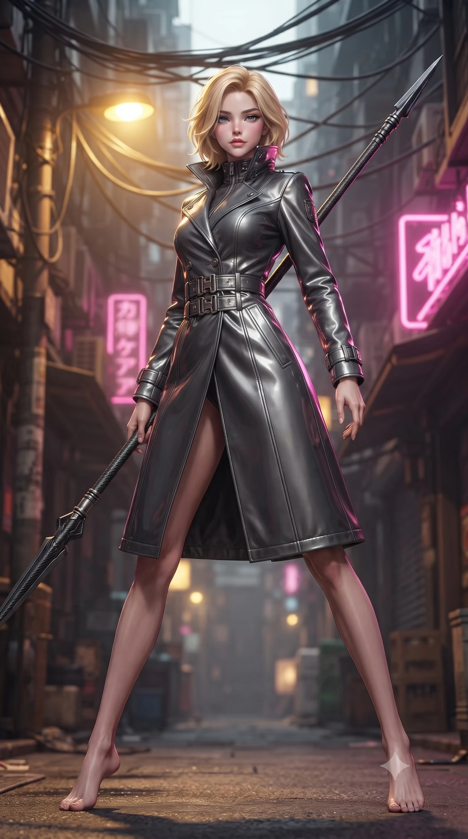 score_9, masterpiece, best quality, ultra-detailed, high-budget anime keyframe, editorial fashion photography, tasteful artistic composition, Caucasian woman. low angle full-body shot from head to toe showing her feet, filling the entire 9:16 vertical frame with her statuesque presence, stretching her vertical silhouette. standing in a dynamic combat stance with a carbon-fiber spear held diagonally, stretching her statuesque body, the background shows a soft-focus a narrow cyber-bazaar alleyway under a dense canopy of hanging cables and wires. She has an absolutely perfect, statuesque 8.5-heads proportion, an exceptionally tall and slender model-like female figure with impossibly long slender legs and an ultra-slim waist. sharp v-shaped jawline, high-bridge nose, intricate jewel-like eyes with depth, thick eyelashes, glossy lips with a natural sheen. wearing a form-contouring tailored future military trench coat in charcoal grey, worn closed with heavy metallic buckles and high-collar lining. warm sodium yellow streetlamps contrasting with sharp electric pink accents. ultra-reflective glossy finish, specular highlights, metallic sheen, high-contrast stereoscopic depth, volumetric dynamic lighting, 2k, ultra detail, master piece, 9:16 ratio