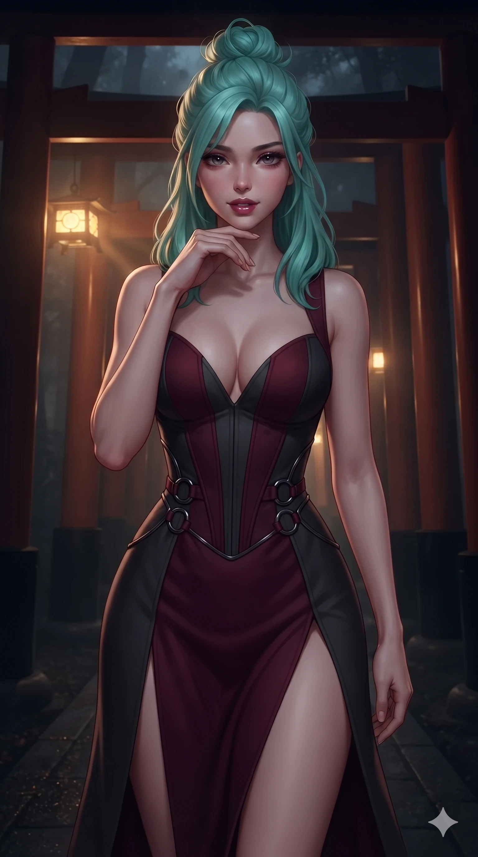 score_9, masterpiece, best quality, ultra-detailed, high-budget anime keyframe, editorial fashion photography, tasteful artistic composition, Japanese woman. close-up cowboy shot from the waist and thighs up, the character dominates the composition, filling the frame with her large presence. resting her chin on the backs of her fingers with an air of effortless superiority and parted glossy lips while walking through an endless corridor of black lacquer Torii gates at midnight, dim gold lantern light casting warm dramatic rays through thick midnight mist. The background shows a soft-focus sacred Shinto mountain path softened in atmospheric nocturnal shallow focus. She has an exceptionally elegant, slender, and willowy female figure with an ultra-slim waist, flat toned midriff, narrow ribcage, and sculpted feminine hips creating an alluring, slim hourglass silhouette without bulk. sharp v-shaped jawline, high-bridge nose, intricate jewel-like dark sparkling eyes with hypnotic seductive depth, thick curled eyelashes, glossy parted lips with a natural wine sheen, alluring bedroom-eyes with an enigmatic smoldering smile, exuding magnetic sovereign charisma and dark avant-garde glamour, flawlessly proportioned anatomical accuracy, strict slender model proportions, natural body alignment, perfectly sculpted long slender limbs, ultra-slim waistline, clean dynamic posture without body distortion. wearing a low-cut gothic structured bodice gown with high leg slit in deep crimson burgundy and matte charcoal, woven from bespoke high-density barathea wool with refined ceremonial hold, trimmed with dark chrome ring hardware along the waist contours, the form-fitting cut adhering flawlessly to her sculpted flat midriff and slender torso, emphasizing her long leg lines and perfectly proportioned willowy build. bathed in warm dramatic lantern rays cutting through thick midnight mist contrasted with pitch-black forest shadows. ultra-reflective glossy finish, specular highlights, metallic sheen, high-contrast stereoscopic depth, volumetric dynamic lighting, 2k, ultra detail, master piece, 9:16 ratio
