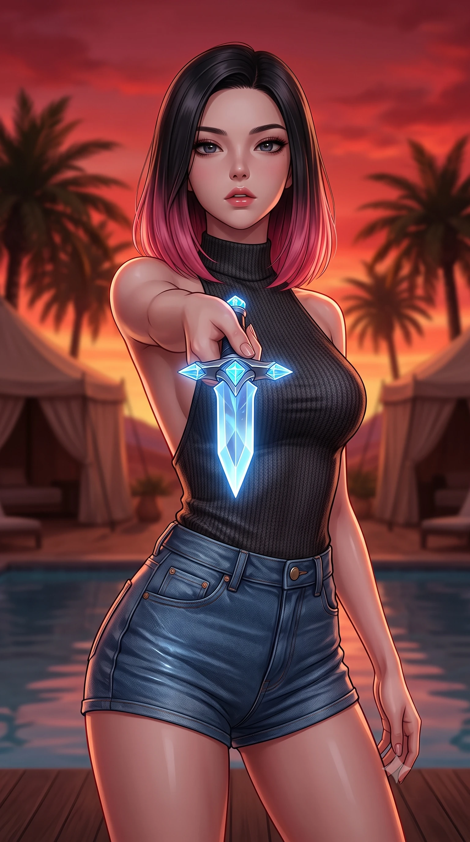 score_9, masterpiece, best quality, ultra-detailed, high-budget anime keyframe, editorial fashion photography, tasteful artistic composition, Korean woman. close-up cowboy shot from the waist and thighs up, the character dominates the composition, filling the frame with her large presence, background elements kept in soft focus. pointing a crystal-edged laser dagger forward in a defensive stance, tilting her chin up slightly with lips parted in a composed pose, the background shows a soft-focus a luxury desert resort pool deck with palm trees and canvas tents at dusk. She has an exceptionally elegant, slender, and willowy female figure with an ultra-slim waist, a gracefully sculpted slender torso, and a refined silhouette. sharp v-shaped jawline, high-bridge nose, intricate jewel-like eyes with depth, thick eyelashes, glossy lips with a natural sheen. wearing a slim-fit backless carbon-fiber knit top in charcoal wool, paired with high-waisted denim micro-shorts. the warm red and orange sunset sky casting a dramatic glow over the sands. highly saturated vibrant anime colors, detailed shading with soft gradients, rich glossy textures, high-contrast stereoscopic depth, volumetric dynamic lighting, master piece, 9:16 ratio