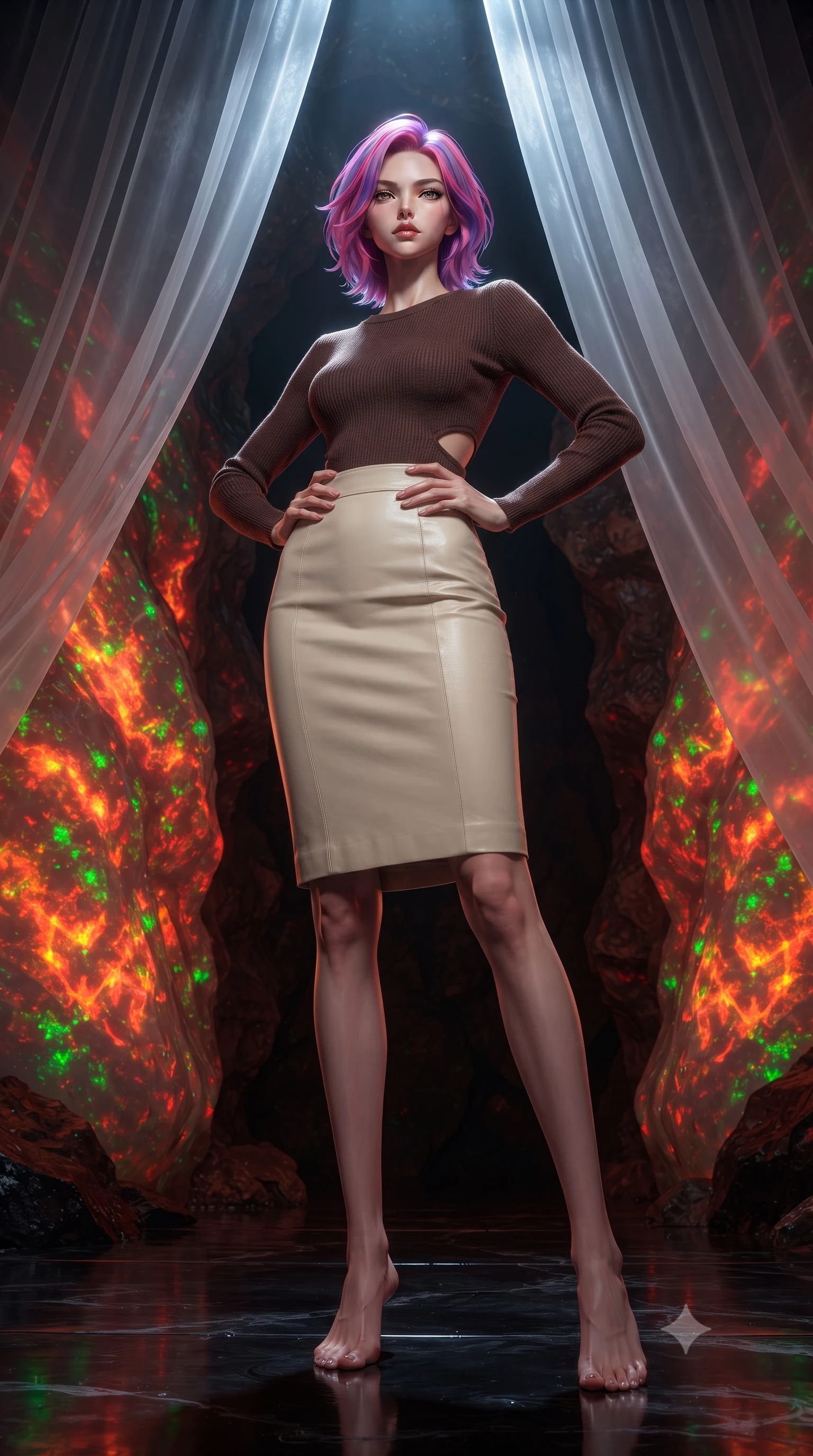 score_9, masterpiece, best quality, ultra-detailed, high-budget anime keyframe, editorial fashion photography, tasteful artistic composition, Caucasian woman, strictly human ears. low angle full-body shot from head to toe showing her feet, filling the entire 9:16 vertical frame with her statuesque presence, stretching her vertical silhouette. striking a commanding pose within deep underground in a mine where the exposed walls are solid fire opal glowing with internal flame-like patterns of red orange and green precious play-of-color shimmering and shifting with viewing angle. She has a statuesque 8.5-heads proportion, an exceptionally tall, slender and willowy model-like build with impossibly long legs and a highly sculpted ultra-slim waist. sharp v-shaped jawline, high-bridge nose, intricate jewel-like eyes with depth, thick eyelashes, glossy lips with a natural sheen. wearing a chocolate brown knit top with a subtle waist-cutout detailing, paired with a cream leather pencil skirt. cold silver moonlight filtered through translucent gossamer curtains casting delicate shadows. 2k, ultra detail, master piece, 9:16 ratio