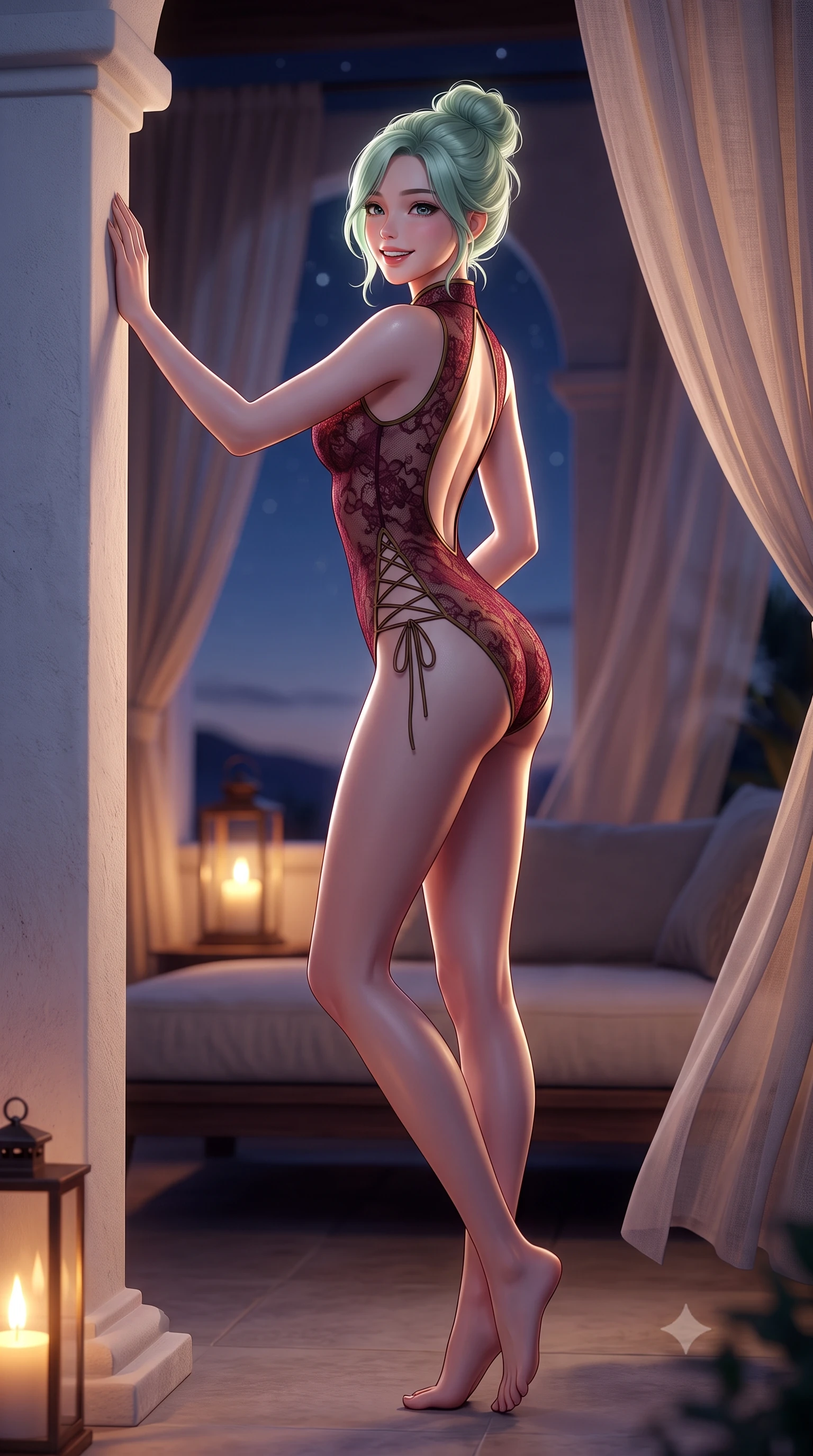 score_9, masterpiece, best quality, ultra-detailed, high-budget anime keyframe, semi-realistic 3D game render, editorial fashion photography, tasteful artistic composition, Japanese woman. low angle full-body shot from head to toe showing her feet, filling the entire 9:16 vertical frame with her statuesque presence, stretching her vertical silhouette. standing tall beside the architectural column, one hand resting high while arching her lower back to emphasize her sculpted feminine hips and slender waist while twisting her slender torso in an alluring S-curve beside the outdoor daybed, starlight and hurricane lamp glow tracing her narrow waist and hips. The background shows a soft-focus billowing sheer linen draperies softened in ethereal Mediterranean heaven retreat shallow focus. She has an exceptionally tall and slender model-like 8.5-heads proportion, an ultra-slim waist, a flat toned midriff, narrow delicate ribcage, and beautifully sculpted feminine hips creating a graceful, slim hourglass silhouette without any bulky heaviness, with impossibly long slender legs. sharp v-shaped jawline, high-bridge nose, intricate jewel-like sparkling eyes with depth, thick eyelashes, glossy parted lips with a natural peach sheen, bright cheerful beaming smile with an enchanting and coquettish sensual glint, exuding both youthful cute charm and seductive allure, flawlessly proportioned anatomical accuracy, strict slender model proportions, natural body alignment, perfectly sculpted long slender limbs, ultra-slim waistline, clean dynamic posture without body distortion. wearing a delicate sheer Chantilly lace cheongsam teddy with open mandarin collar and deep keyhole back in French boudoir bordeaux wine and antique brass, made of fluid liquid jersey with seamless sculpting hold and smooth contours, featuring fine criss-cross lace-up side ties revealing tantalizing glimpses of her hip curve, the second-skin tailored fabric adhering flawlessly to her sculpted flat midriff and slender torso, emphasizing her long leg lines and perfectly proportioned willowy build. illuminated by white stucco bounce fill and sharp starlight-platinum rim lights defining her dewy collarbones, ultra-slim waist, and curvy hips. highly saturated vibrant anime colors, detailed shading with soft gradients, rich glossy textures, high-contrast stereoscopic depth, volumetric dynamic lighting, master piece, 9:16 ratio