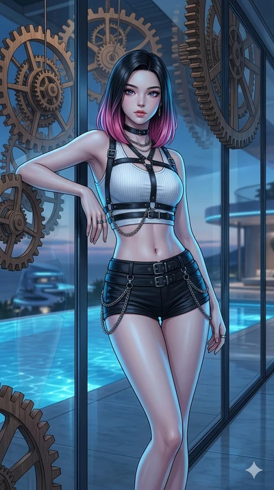 score_9, masterpiece, best quality, ultra-detailed, high-budget anime keyframe, editorial fashion photography, tasteful artistic composition, Korean woman. cowboy shot from the thighs up, character and outfit filling the frame for maximum editorial p