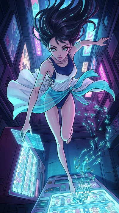 score_9, masterpiece, best quality, ultra-detailed, high-budget anime movie keyframe, cinematic anime lighting, intricate line art, Japanese anime girl. Extreme high angle shot as she leaps towards the camera, filling the frame. hacking a vending mac